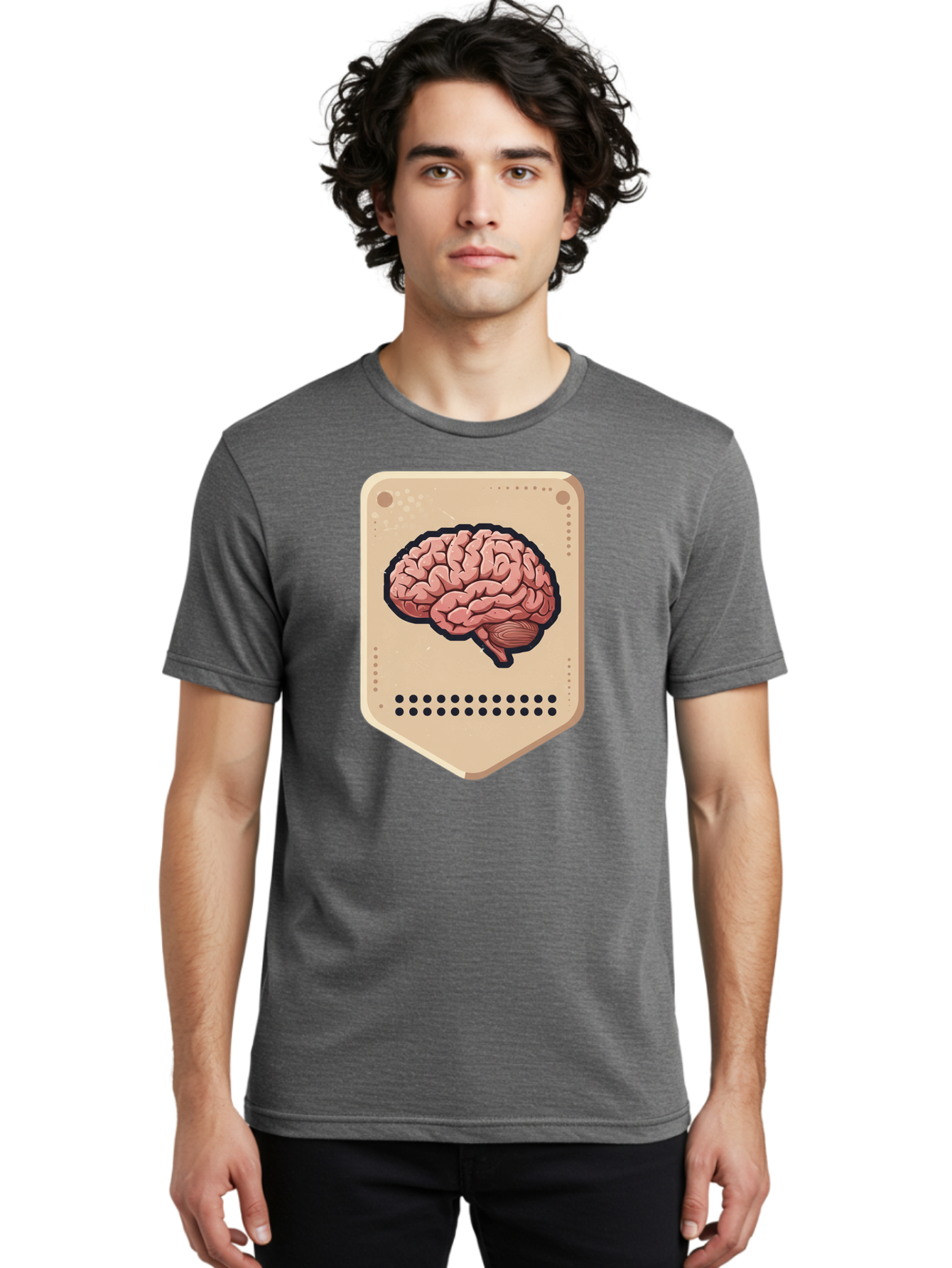 Brain-Icon-1 Men'S Graphic Tee, 100% Cotton, Comfortable Casual Summer Wear, Machine Washable, Human Brain Illustration, Pinkish-Red Brain, Black Outline, Beige Background, Perforated Edge, Small Holes, Brain Anatomy, Cognitive Function, Baa209