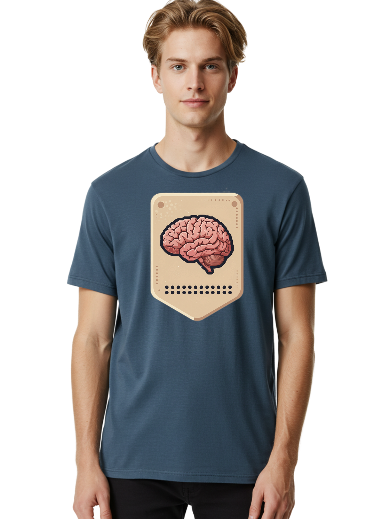 Brain-Icon-1 Men'S Graphic Tee, 100% Cotton, Comfortable Casual Summer Wear, Machine Washable, Human Brain Illustration, Pinkish-Red Brain, Black Outline, Beige Background, Perforated Edge, Small Holes, Brain Anatomy, Cognitive Function, Baa209