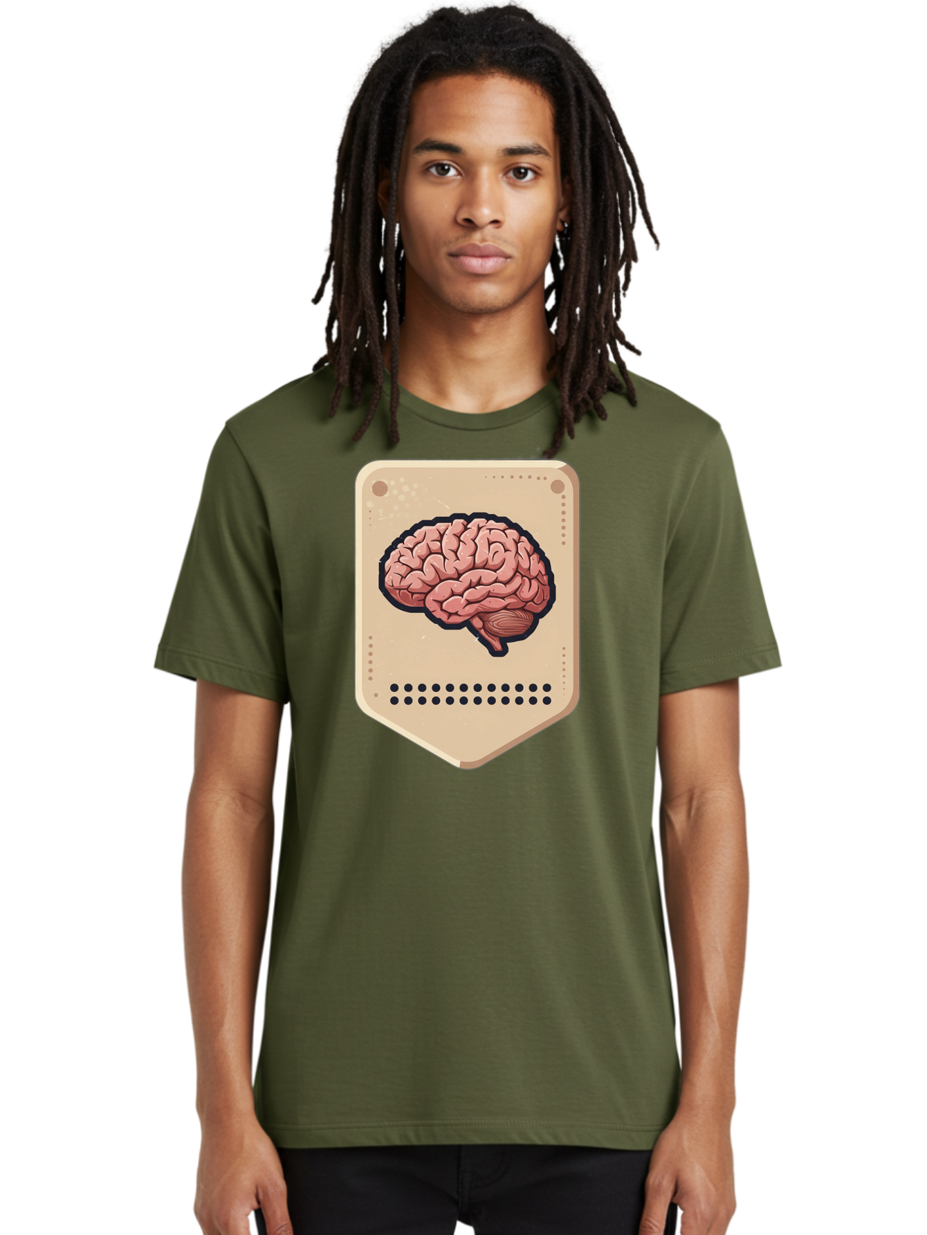 Brain-Icon-1 Men'S Graphic Tee, 100% Cotton, Comfortable Casual Summer Wear, Machine Washable, Human Brain Illustration, Pinkish-Red Brain, Black Outline, Beige Background, Perforated Edge, Small Holes, Brain Anatomy, Cognitive Function, Baa209