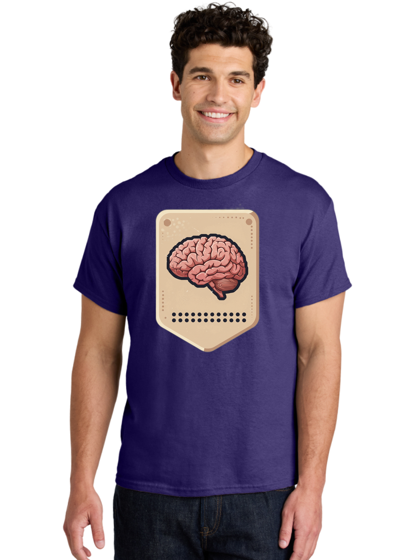 Brain-Icon-1 Men'S Graphic Tee, 100% Cotton, Comfortable Casual Summer Wear, Machine Washable, Human Brain Illustration, Pinkish-Red Brain, Black Outline, Beige Background, Perforated Edge, Small Holes, Brain Anatomy, Cognitive Function, Baa209