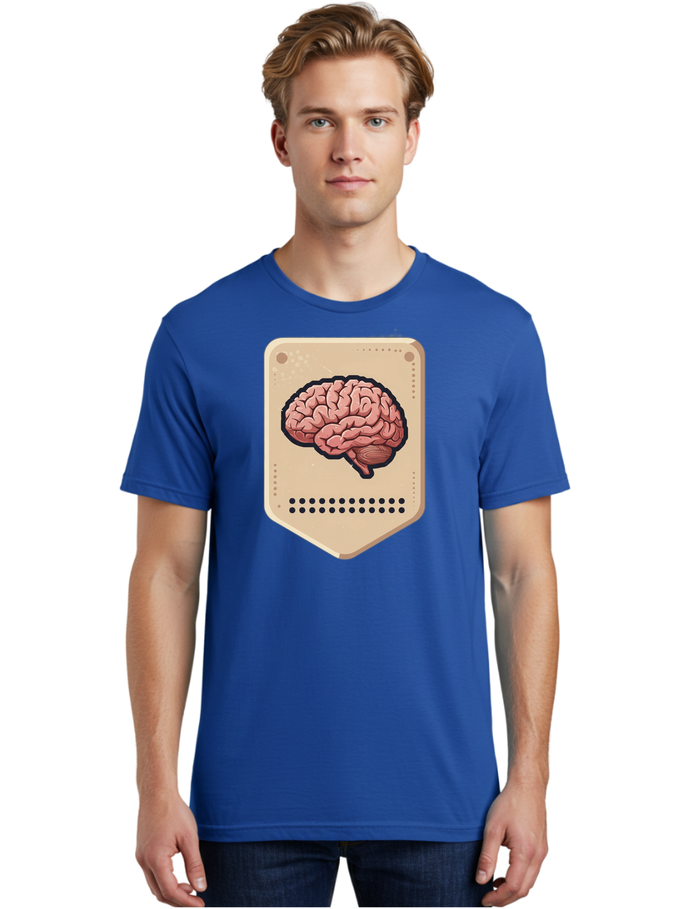 Brain-Icon-1 Men'S Graphic Tee, 100% Cotton, Comfortable Casual Summer Wear, Machine Washable, Human Brain Illustration, Pinkish-Red Brain, Black Outline, Beige Background, Perforated Edge, Small Holes, Brain Anatomy, Cognitive Function, Baa209