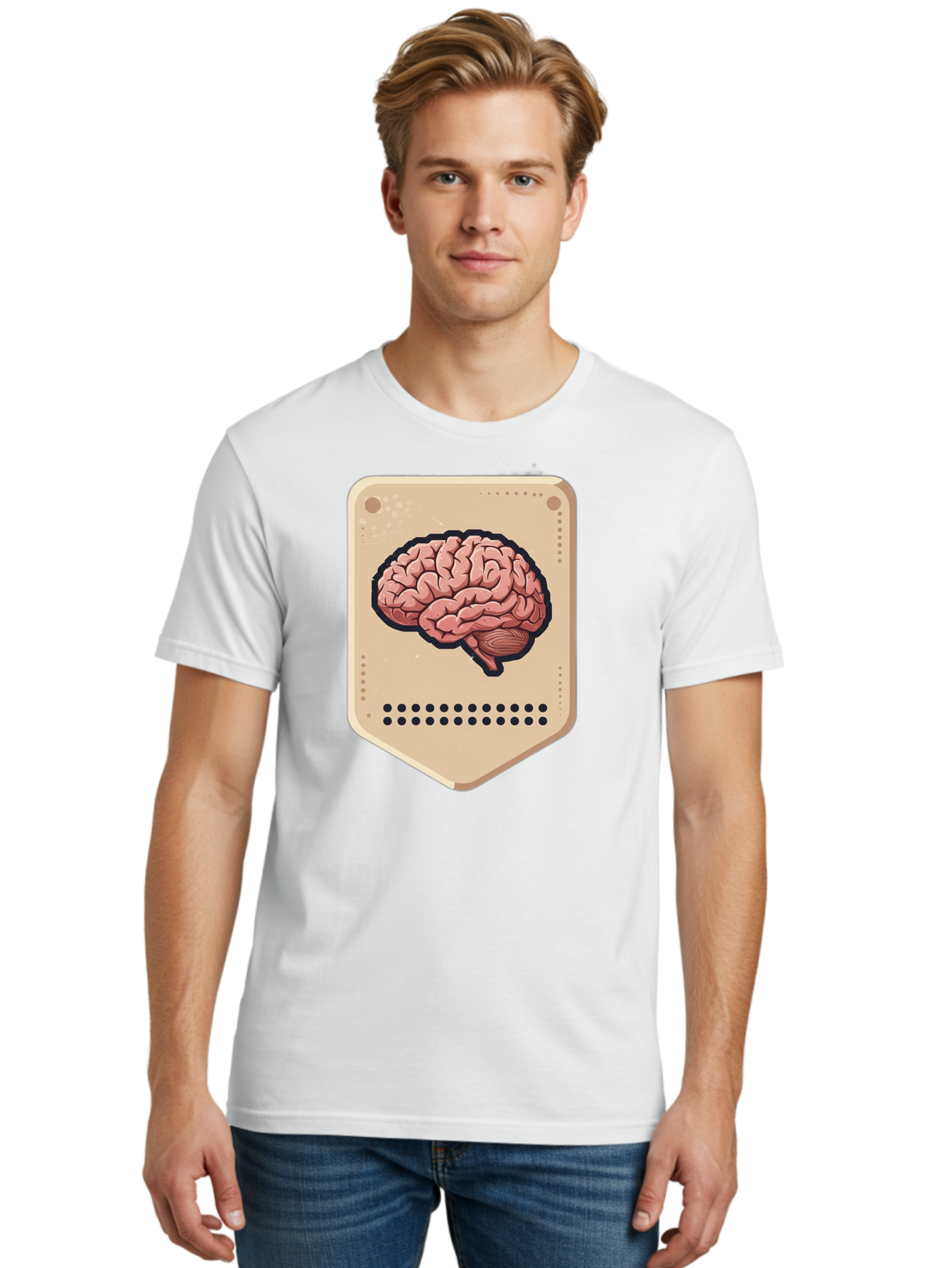 Brain-Icon-1 Men'S Graphic Tee, 100% Cotton, Comfortable Casual Summer Wear, Machine Washable, Human Brain Illustration, Pinkish-Red Brain, Black Outline, Beige Background, Perforated Edge, Small Holes, Brain Anatomy, Cognitive Function, Baa209