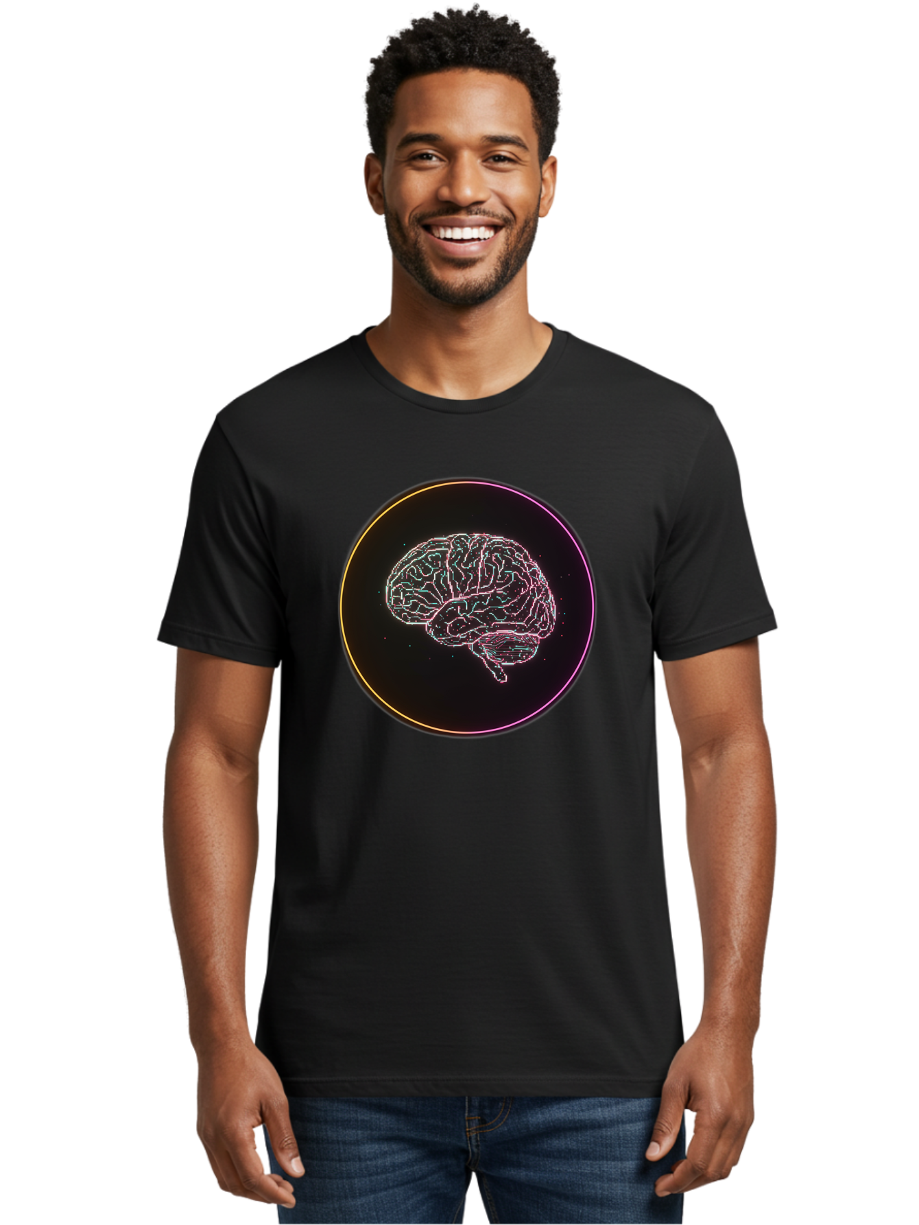 Brain-Illustration Men'S Graphic Tee, 100% Cotton, Comfortable Casual Summer Wear, Machine Washable, Human Brain, Neon Illustration, Futuristic Design, Glowing Lines, Abstract Art, Brain Function, Psychological Concept, Digital Artwork, Baa211