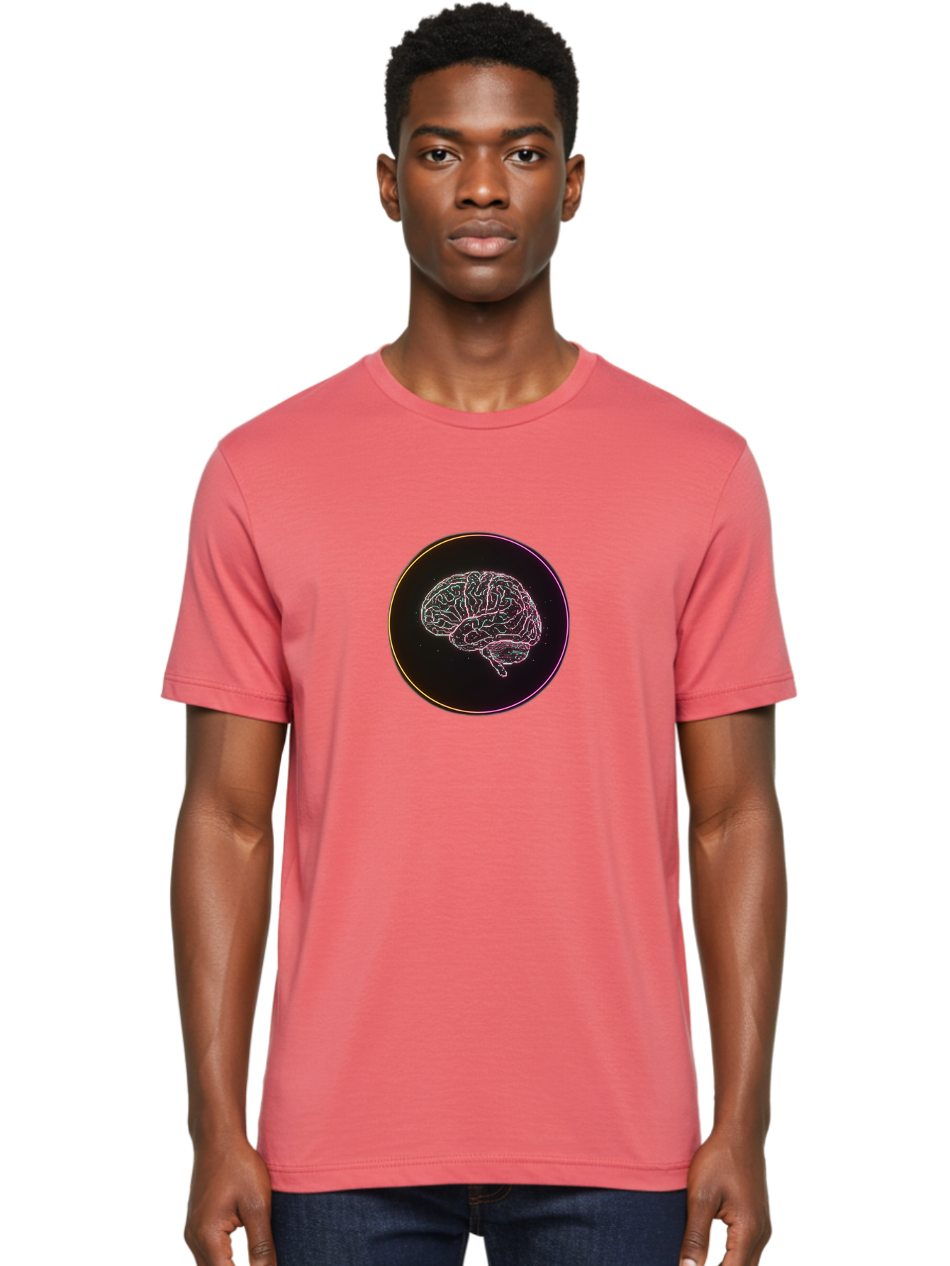 Brain-Illustration Men'S Graphic Tee, 100% Cotton, Comfortable Casual Summer Wear, Machine Washable, Human Brain, Neon Illustration, Futuristic Design, Glowing Lines, Abstract Art, Brain Function, Psychological Concept, Digital Artwork, Baa211