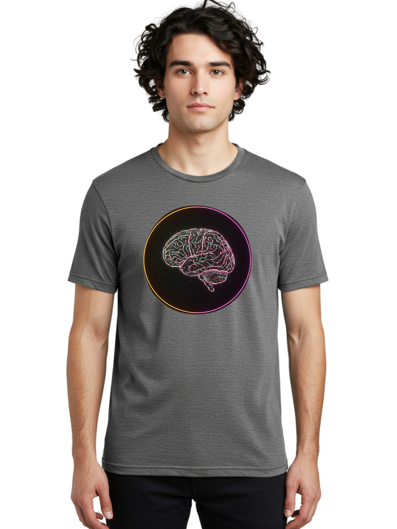 Brain-Illustration Men'S Graphic Tee, 100% Cotton, Comfortable Casual Summer Wear, Machine Washable, Human Brain, Neon Illustration, Futuristic Design, Glowing Lines, Abstract Art, Brain Function, Psychological Concept, Digital Artwork, Baa211