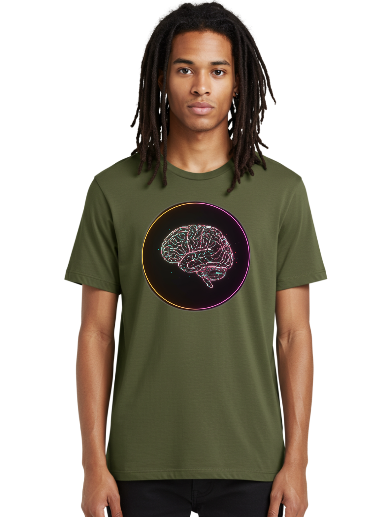 Brain-Illustration Men'S Graphic Tee, 100% Cotton, Comfortable Casual Summer Wear, Machine Washable, Human Brain, Neon Illustration, Futuristic Design, Glowing Lines, Abstract Art, Brain Function, Psychological Concept, Digital Artwork, Baa211