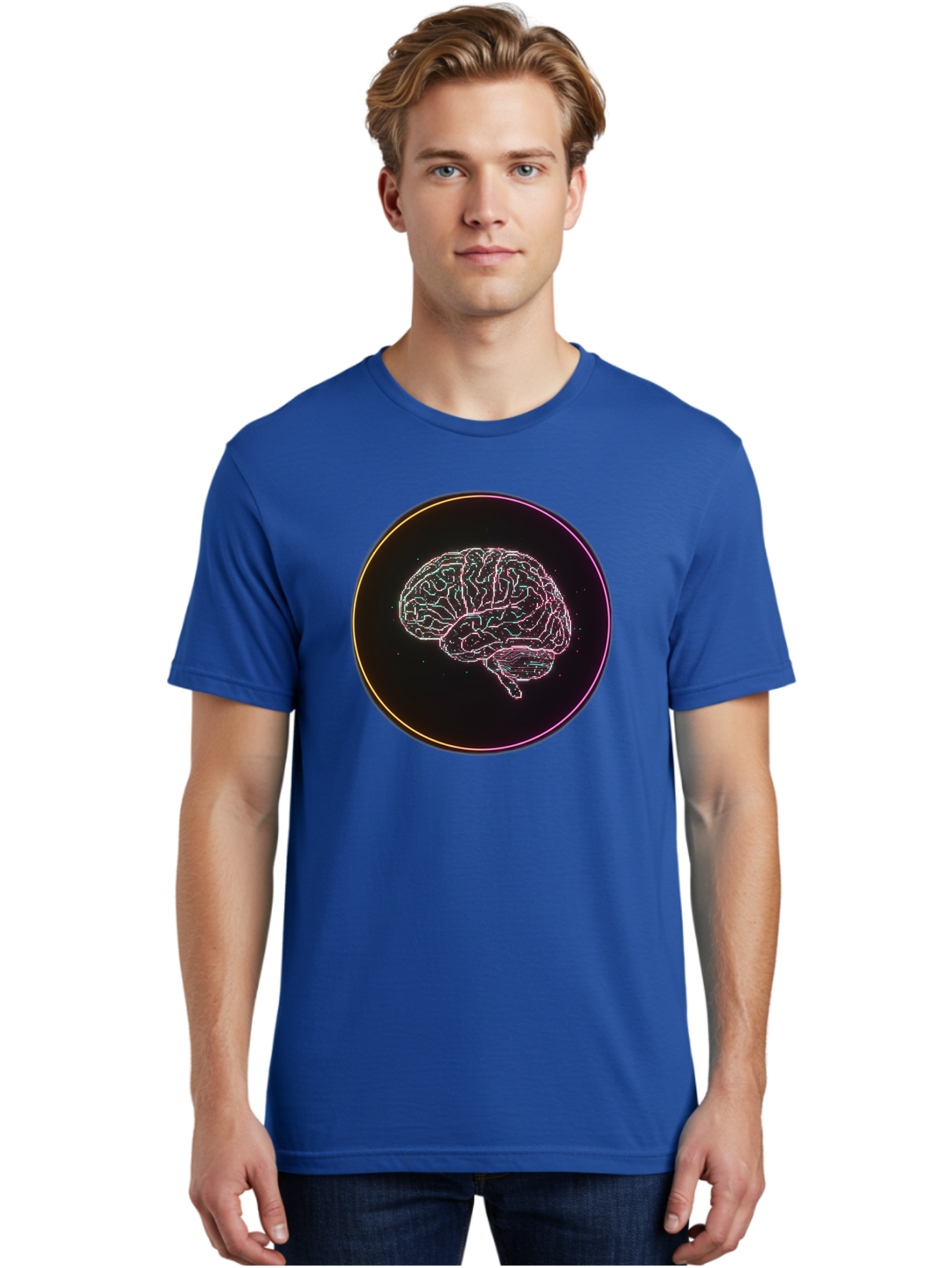 Brain-Illustration Men'S Graphic Tee, 100% Cotton, Comfortable Casual Summer Wear, Machine Washable, Human Brain, Neon Illustration, Futuristic Design, Glowing Lines, Abstract Art, Brain Function, Psychological Concept, Digital Artwork, Baa211
