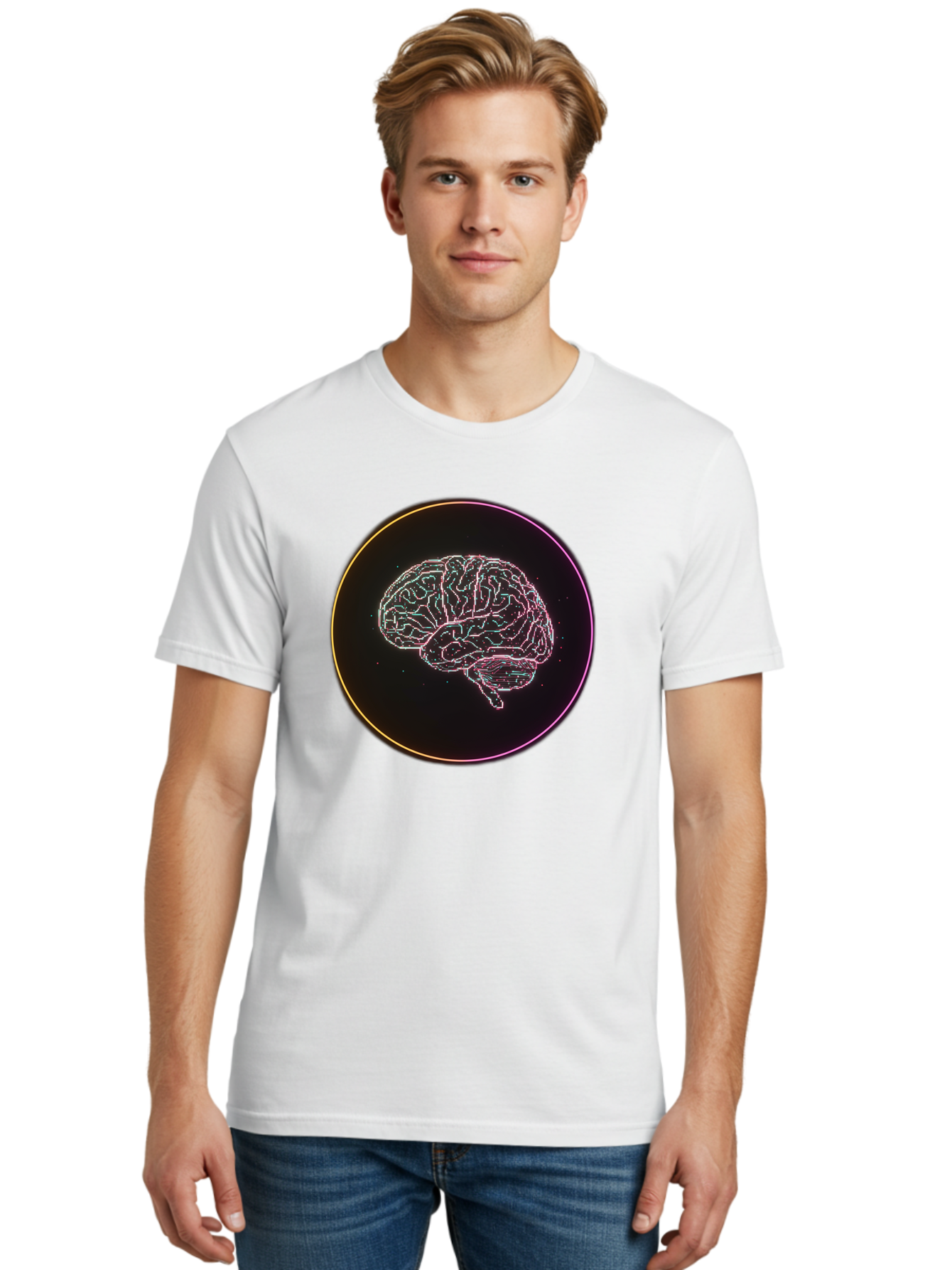 Brain-Illustration Men'S Graphic Tee, 100% Cotton, Comfortable Casual Summer Wear, Machine Washable, Human Brain, Neon Illustration, Futuristic Design, Glowing Lines, Abstract Art, Brain Function, Psychological Concept, Digital Artwork, Baa211