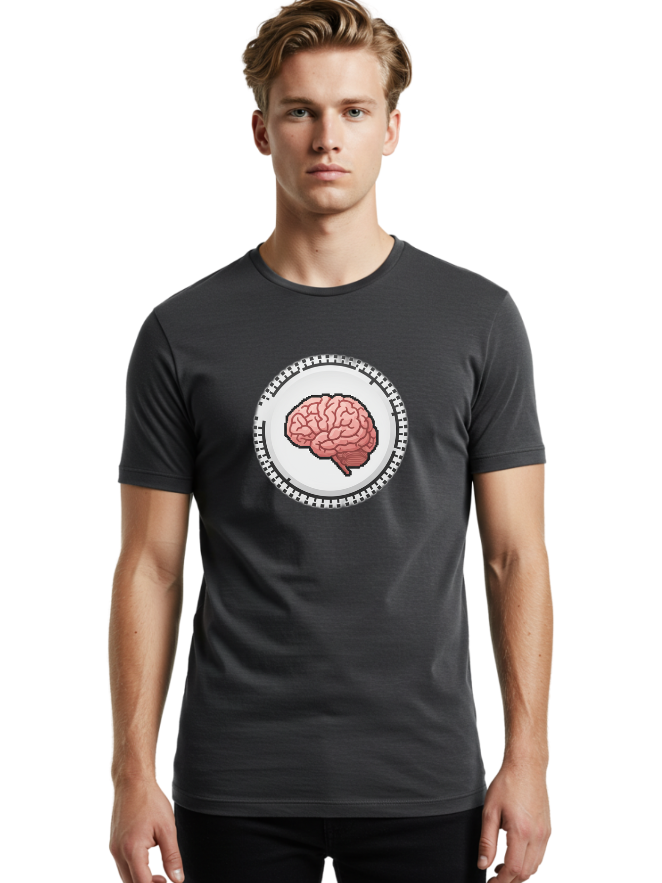 Brain-Puzzle-Piece Men'S Graphic Tee, 100% Cotton, Comfortable Casual Summer Wear, Machine Washable, Human Brain Illustration, Digital Art, Cognitive Function, Neuroscience, Puzzle Piece, Pink And White Colors, Black Outline Baa212