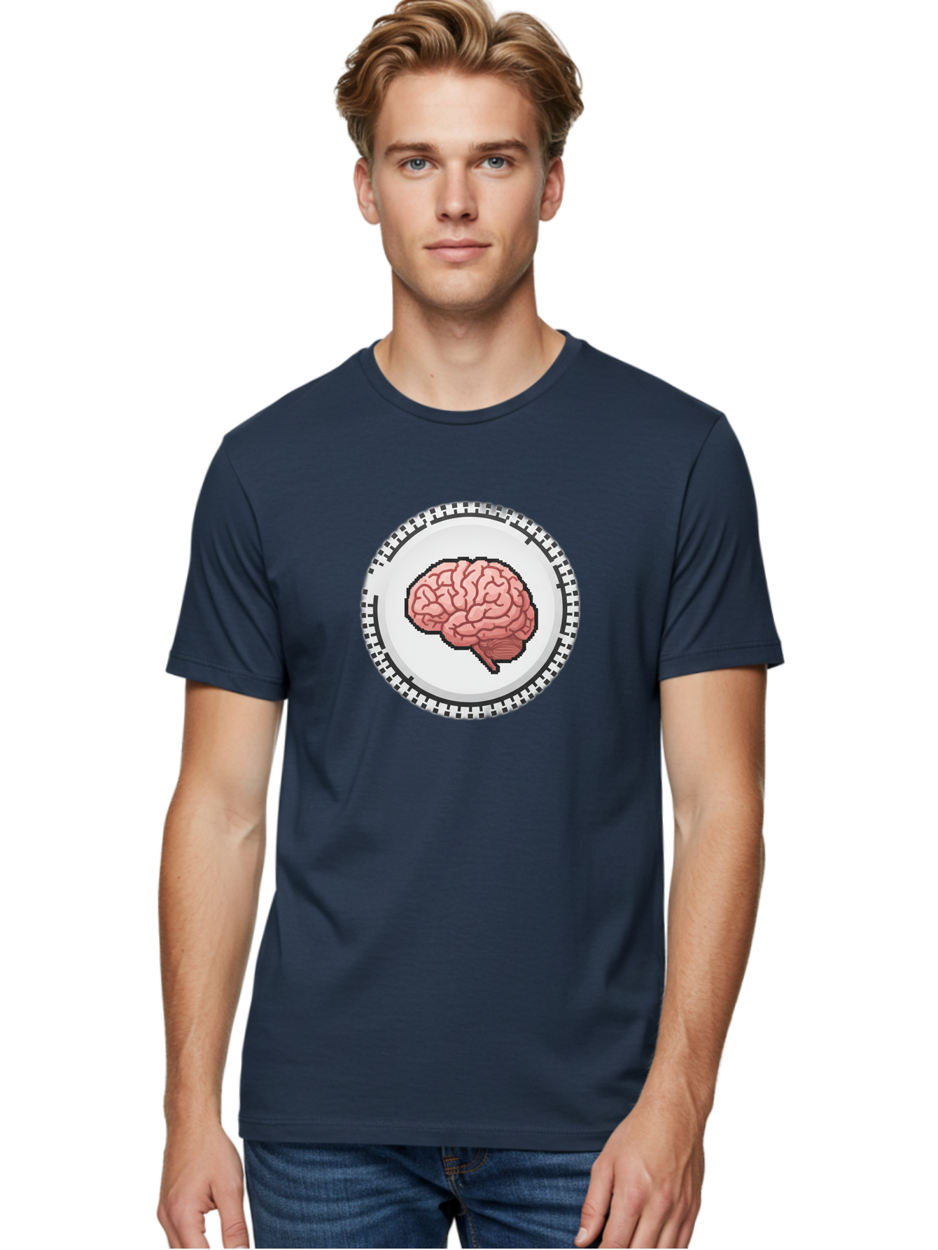 Brain-Puzzle-Piece Men'S Graphic Tee, 100% Cotton, Comfortable Casual Summer Wear, Machine Washable, Human Brain Illustration, Digital Art, Cognitive Function, Neuroscience, Puzzle Piece, Pink And White Colors, Black Outline Baa212