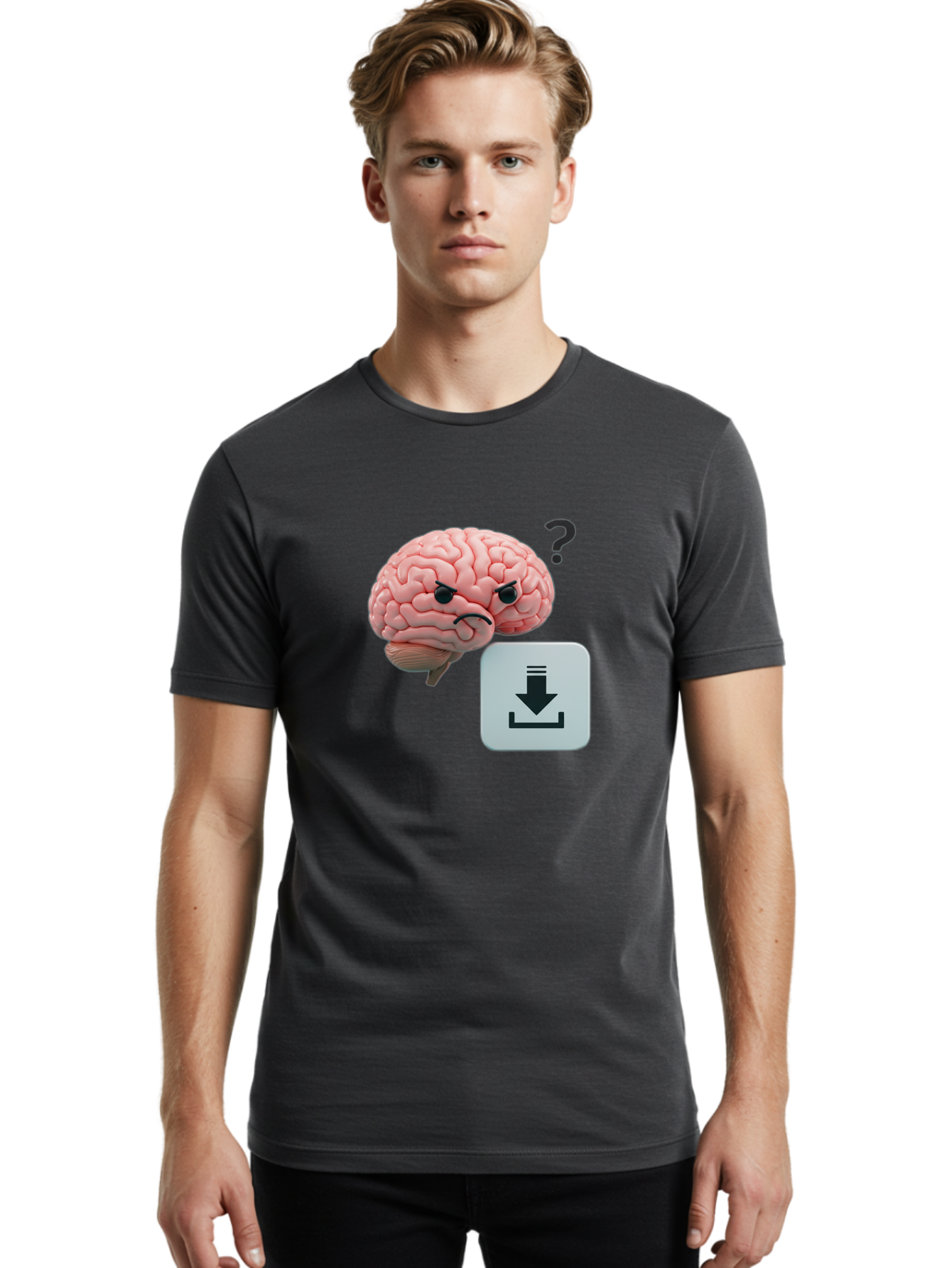 Brain-With-Download-Icon Men'S Graphic Tee, 100% Cotton, Comfortable Casual Summer Wear, Machine Washable, Brain With A Frowning Face, Question Mark, Download Icon, Cognitive Function, Mental Processing, Knowledge Transfer, Digital Brain, Baa213