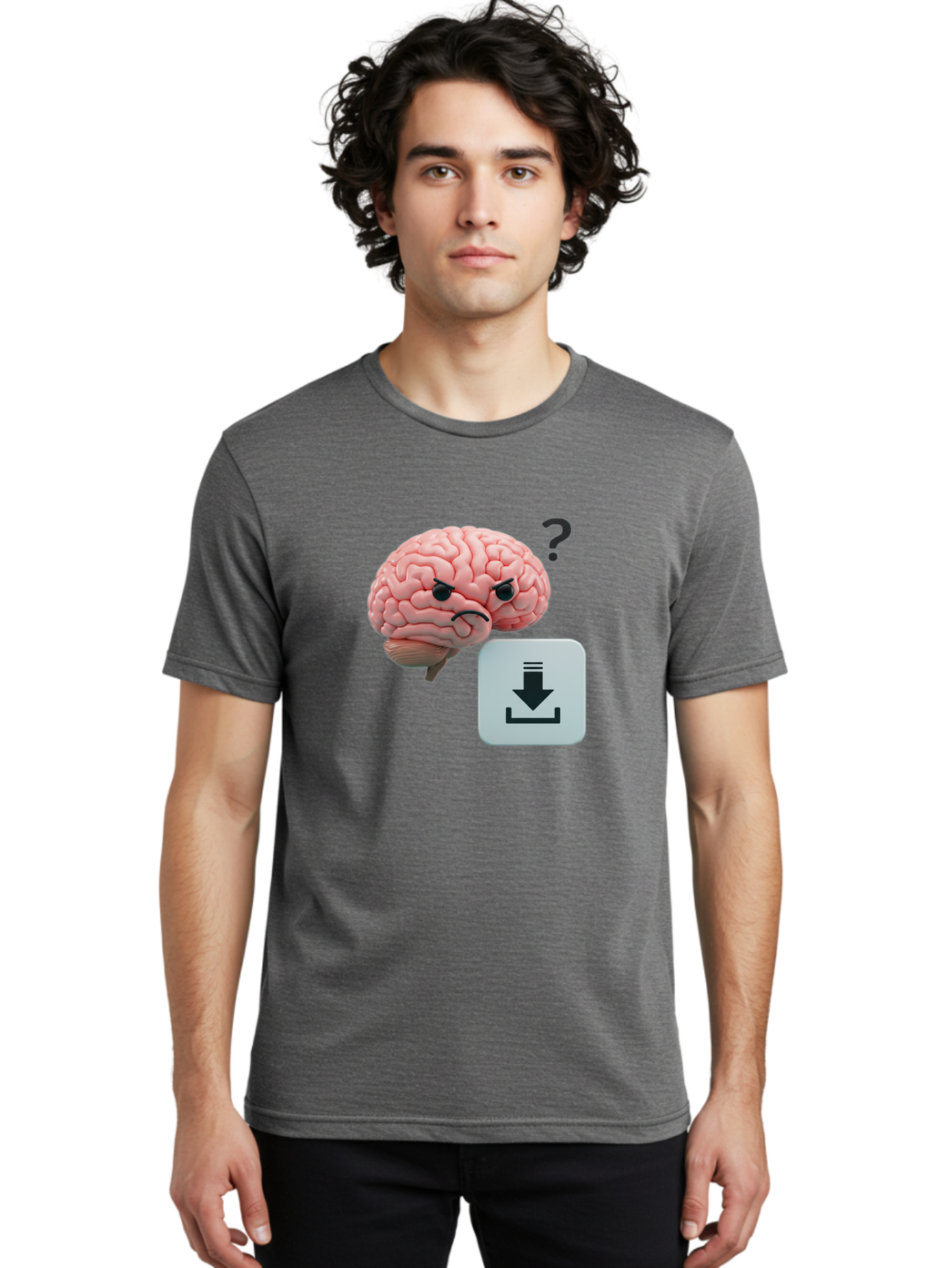 Brain-With-Download-Icon Men'S Graphic Tee, 100% Cotton, Comfortable Casual Summer Wear, Machine Washable, Brain With A Frowning Face, Question Mark, Download Icon, Cognitive Function, Mental Processing, Knowledge Transfer, Digital Brain, Baa213