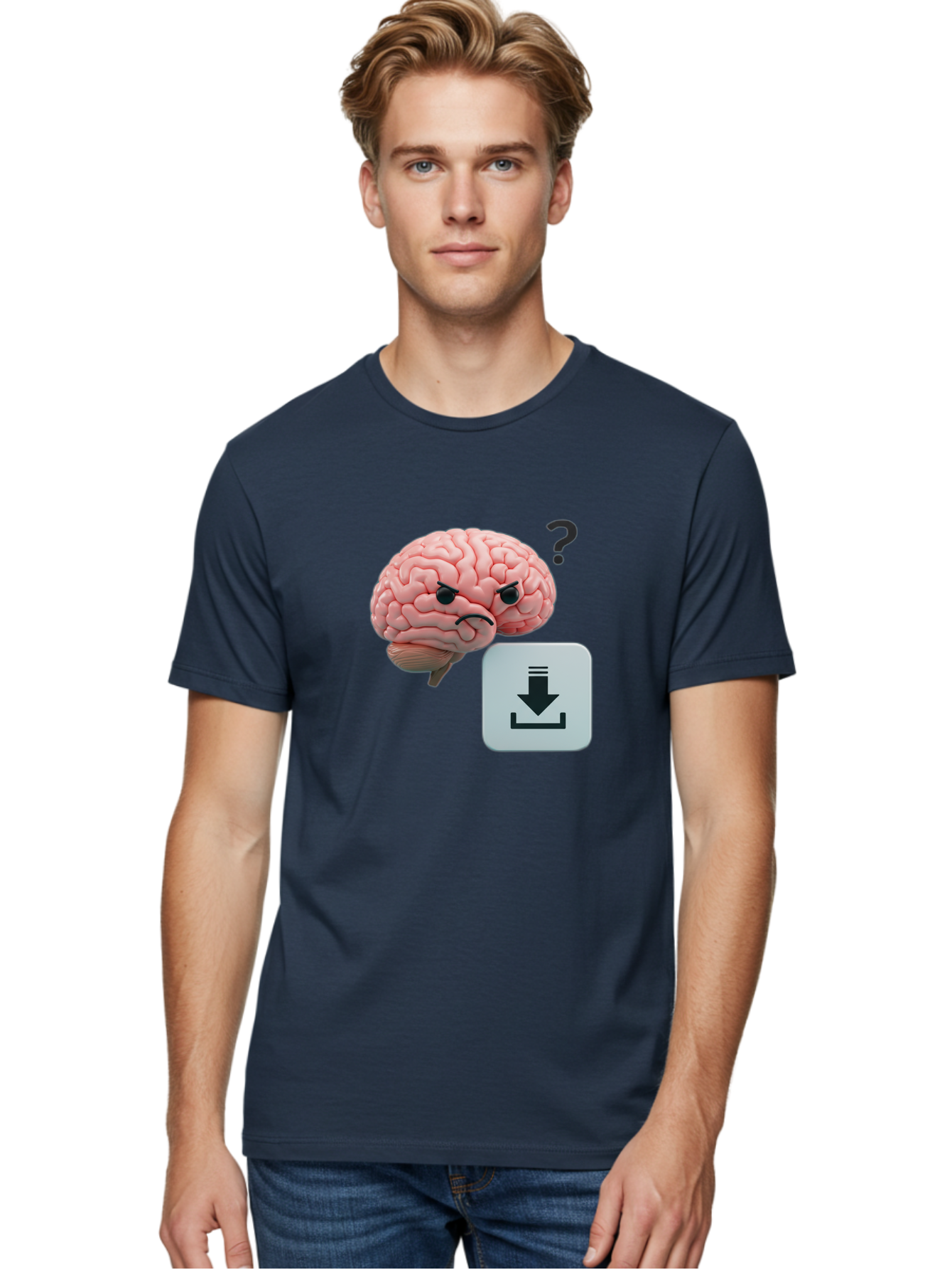 Brain-With-Download-Icon Men'S Graphic Tee, 100% Cotton, Comfortable Casual Summer Wear, Machine Washable, Brain With A Frowning Face, Question Mark, Download Icon, Cognitive Function, Mental Processing, Knowledge Transfer, Digital Brain, Baa213
