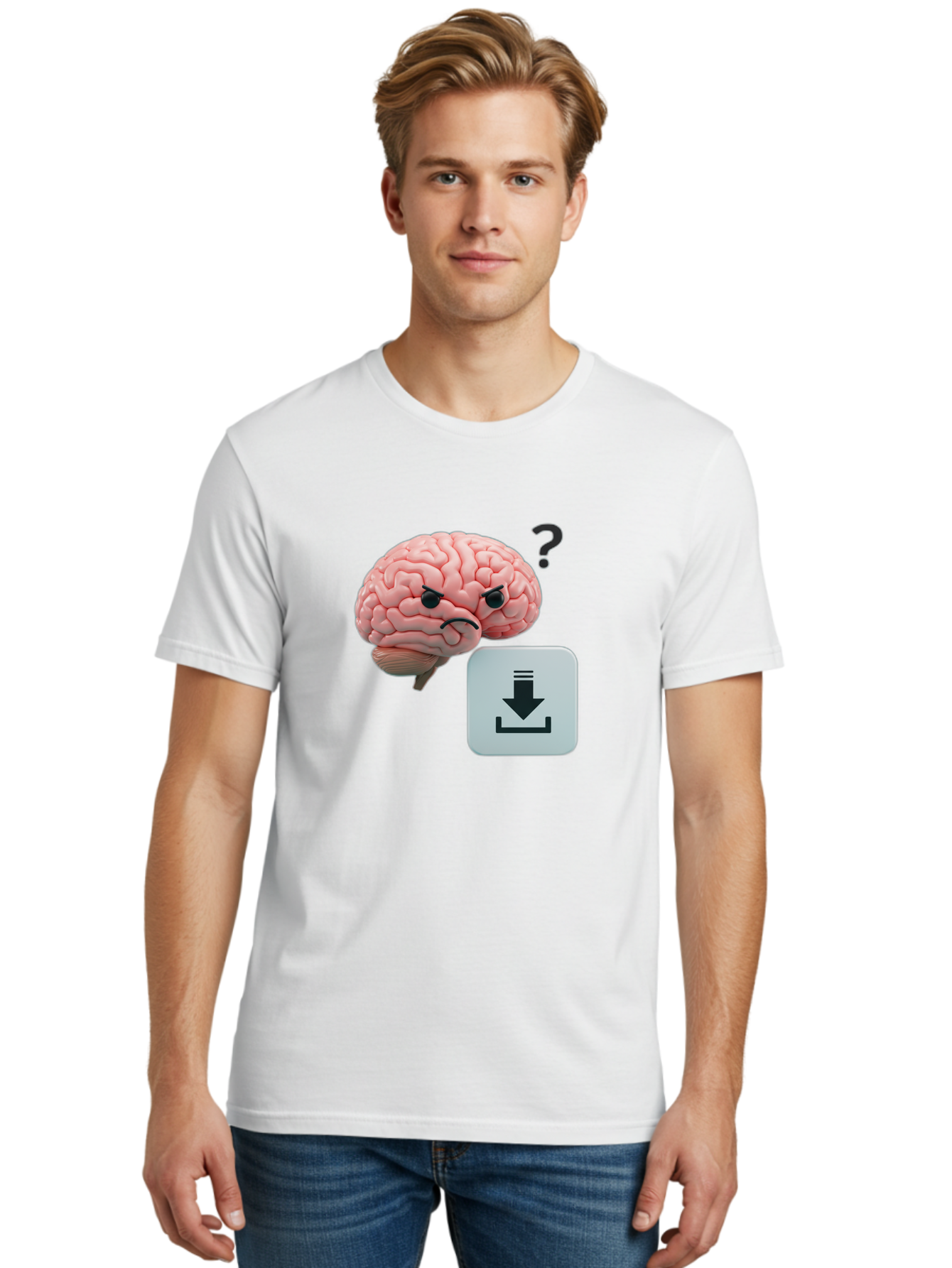 Brain-With-Download-Icon Men'S Graphic Tee, 100% Cotton, Comfortable Casual Summer Wear, Machine Washable, Brain With A Frowning Face, Question Mark, Download Icon, Cognitive Function, Mental Processing, Knowledge Transfer, Digital Brain, Baa213