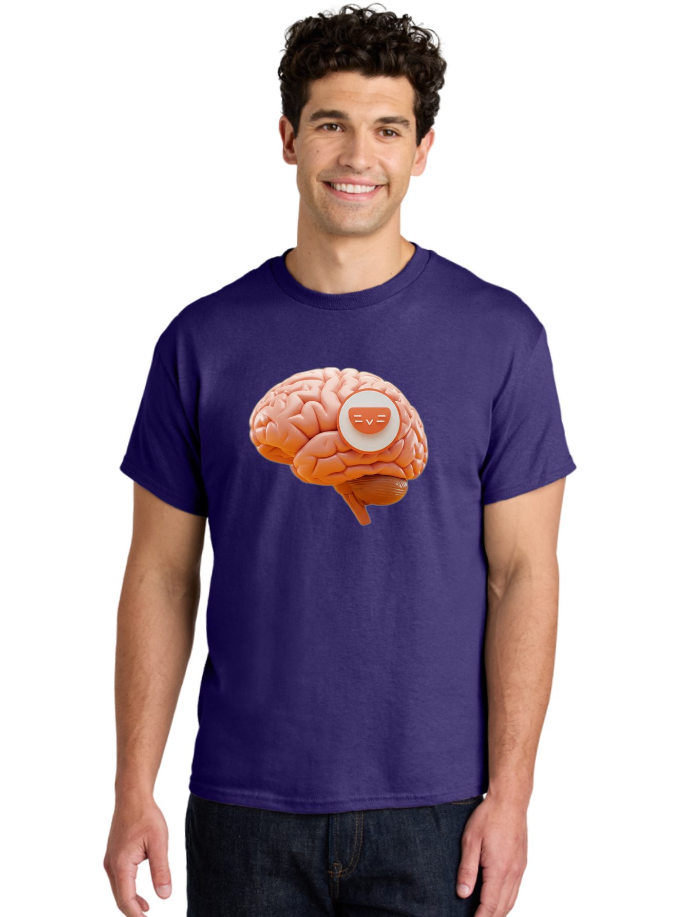 Brain-With-Emoji Men'S Graphic Tee, 100% Cotton, Comfortable Casual Summer Wear, Machine Washable, Human Brain, Smiley Face, Emoticon, Facial Expression, Happiness, 3D Rendering, Digital Art, Creative Design, Brain Illustration, Cute Character Baa214