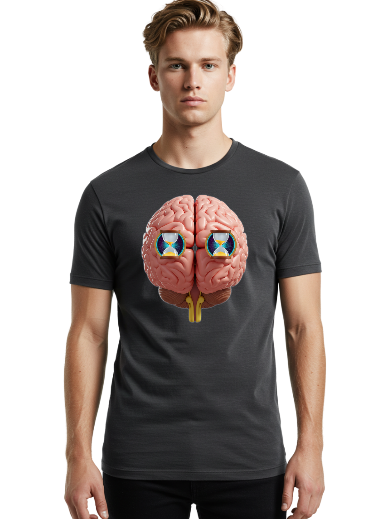 Brain-With-Hourglasses Men'S Graphic Tee, 100% Cotton, Comfortable Casual Summer Wear, Machine Washable, Human Brain Illustration, Hourglasses In Brain, Time Passing, Cognitive Function, Mental Processing, Brain Activity, Neuroscience Concept, Baa216