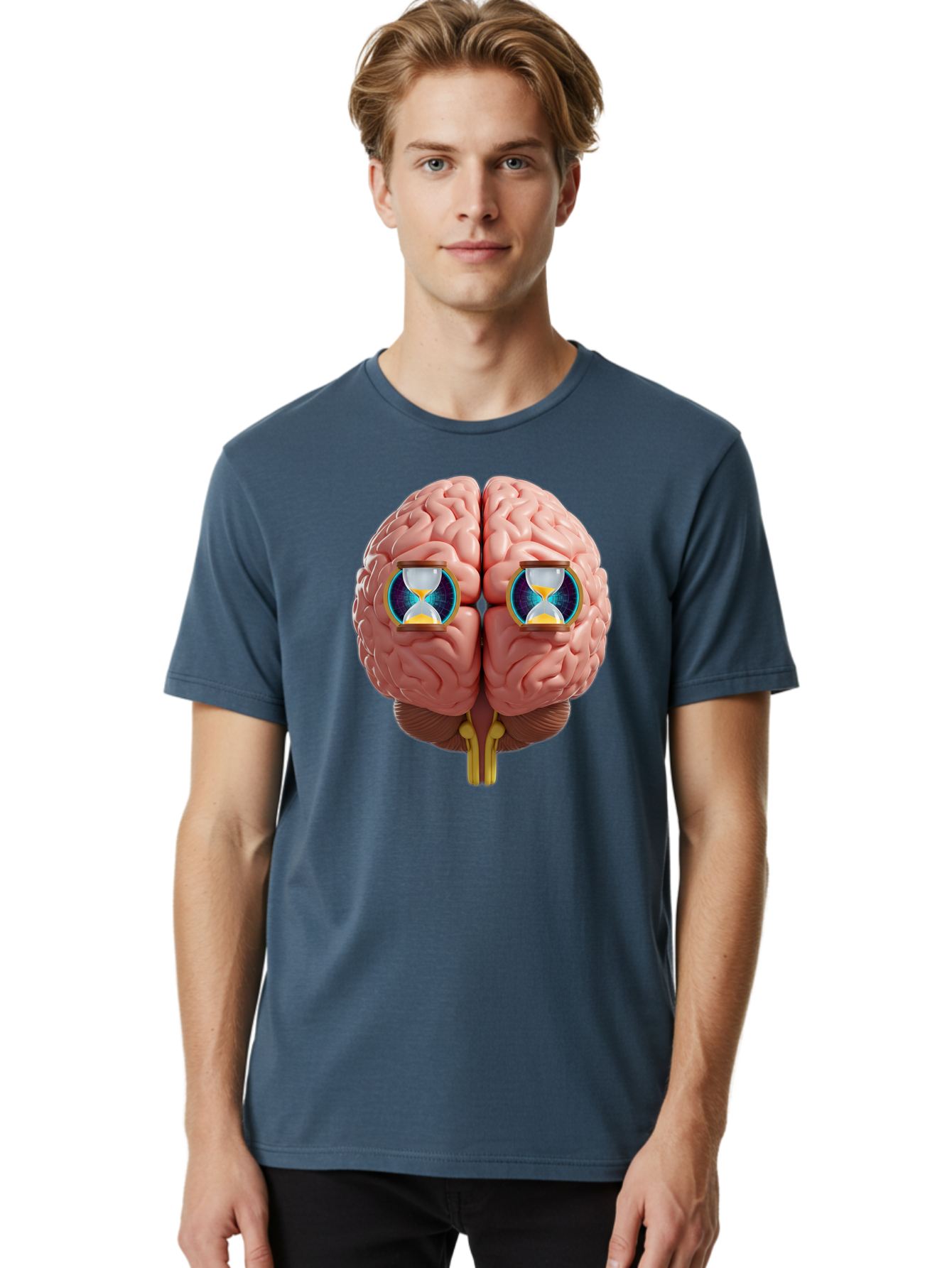 Brain-With-Hourglasses Men'S Graphic Tee, 100% Cotton, Comfortable Casual Summer Wear, Machine Washable, Human Brain Illustration, Hourglasses In Brain, Time Passing, Cognitive Function, Mental Processing, Brain Activity, Neuroscience Concept, Baa216