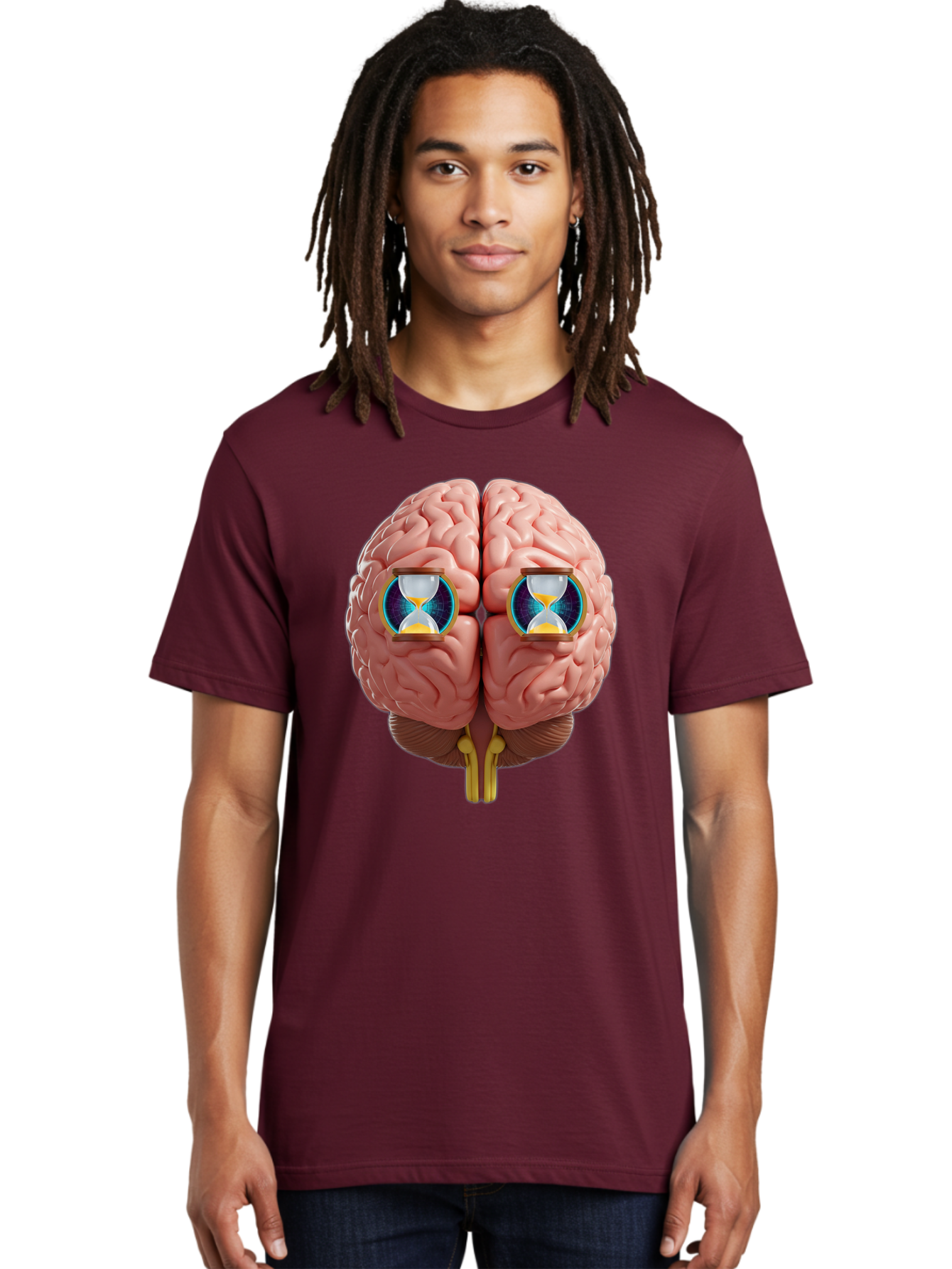 Brain-With-Hourglasses Men'S Graphic Tee, 100% Cotton, Comfortable Casual Summer Wear, Machine Washable, Human Brain Illustration, Hourglasses In Brain, Time Passing, Cognitive Function, Mental Processing, Brain Activity, Neuroscience Concept, Baa216