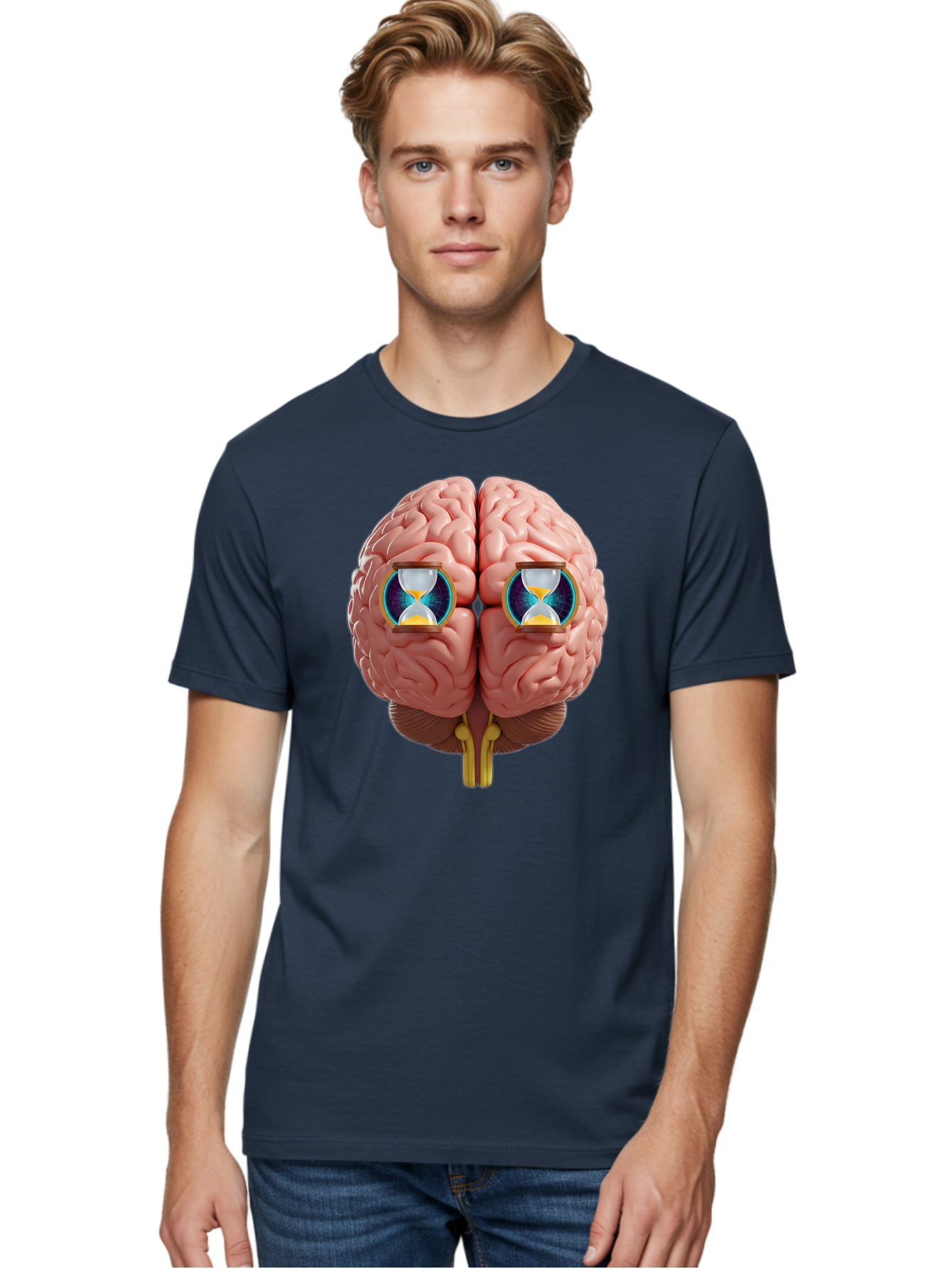 Brain-With-Hourglasses Men'S Graphic Tee, 100% Cotton, Comfortable Casual Summer Wear, Machine Washable, Human Brain Illustration, Hourglasses In Brain, Time Passing, Cognitive Function, Mental Processing, Brain Activity, Neuroscience Concept, Baa216