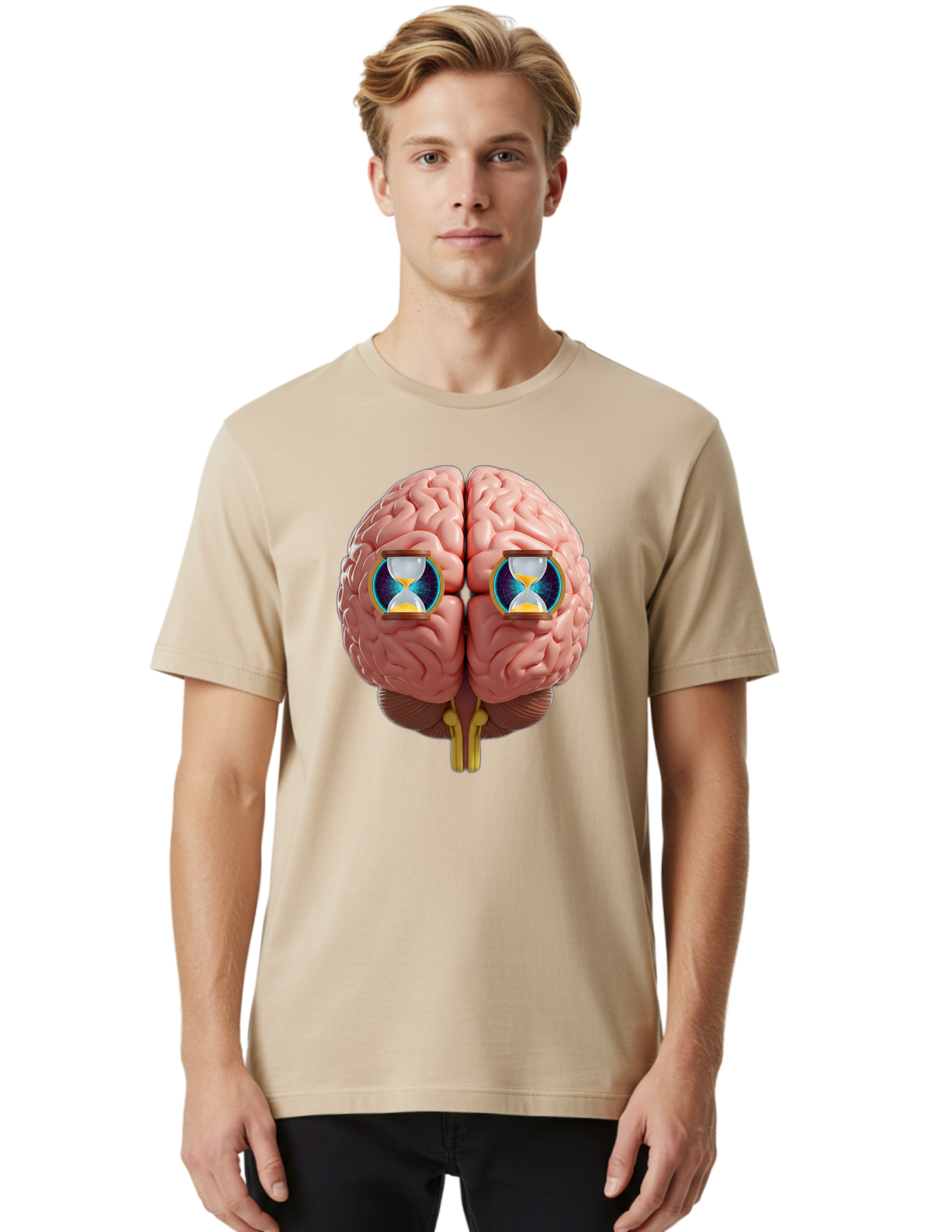 Brain-With-Hourglasses Men'S Graphic Tee, 100% Cotton, Comfortable Casual Summer Wear, Machine Washable, Human Brain Illustration, Hourglasses In Brain, Time Passing, Cognitive Function, Mental Processing, Brain Activity, Neuroscience Concept, Baa216