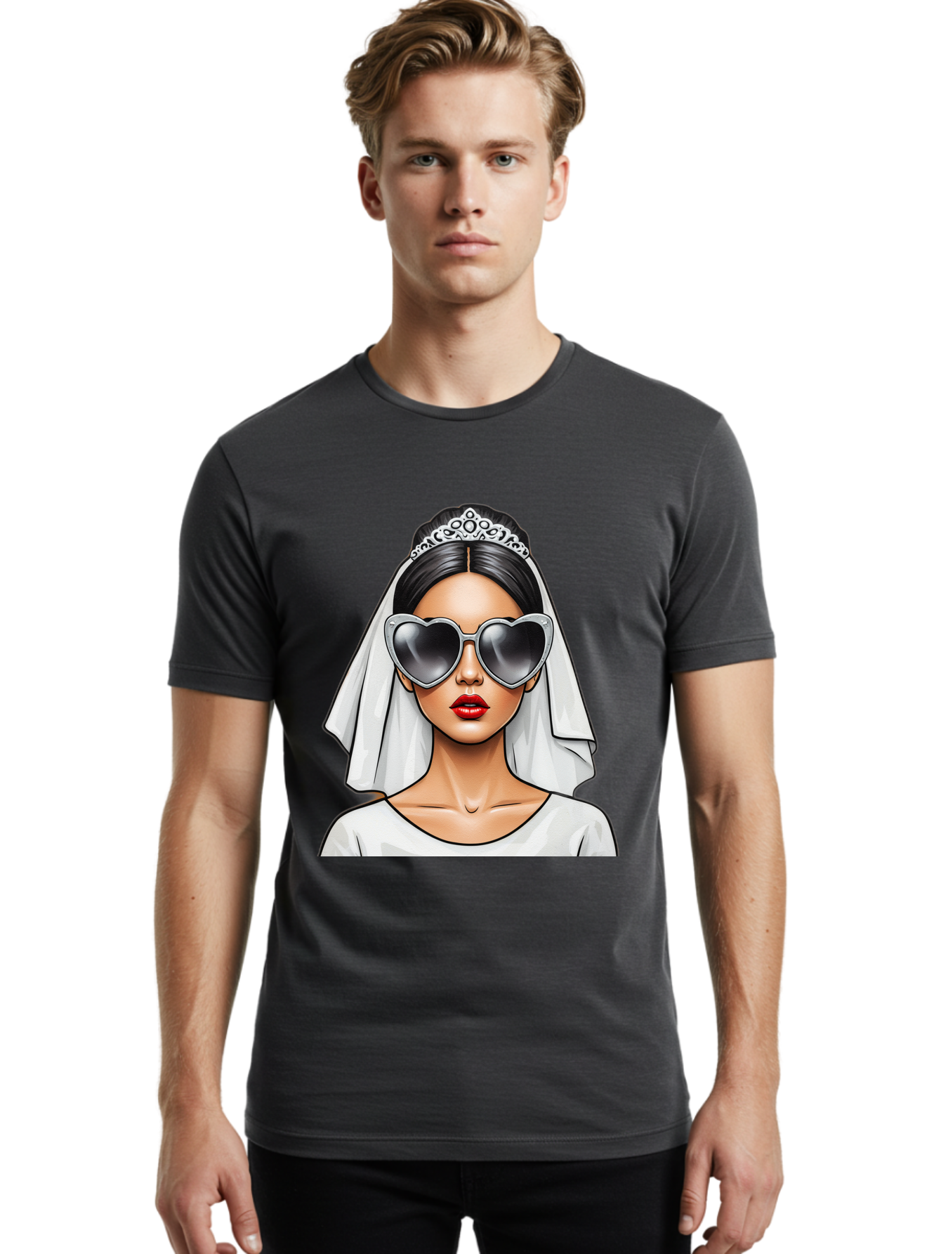 Bride-1 Men'S Graphic Tee, 100% Cotton, Comfortable Casual Summer Wear, Machine Washable, Bride Wearing Sunglasses, Heart-Shaped Shades, White Veil, Red Lips, Elegant Style, Fashionable Bride, Modern Wedding Attire, Trendy Accessories Baa218