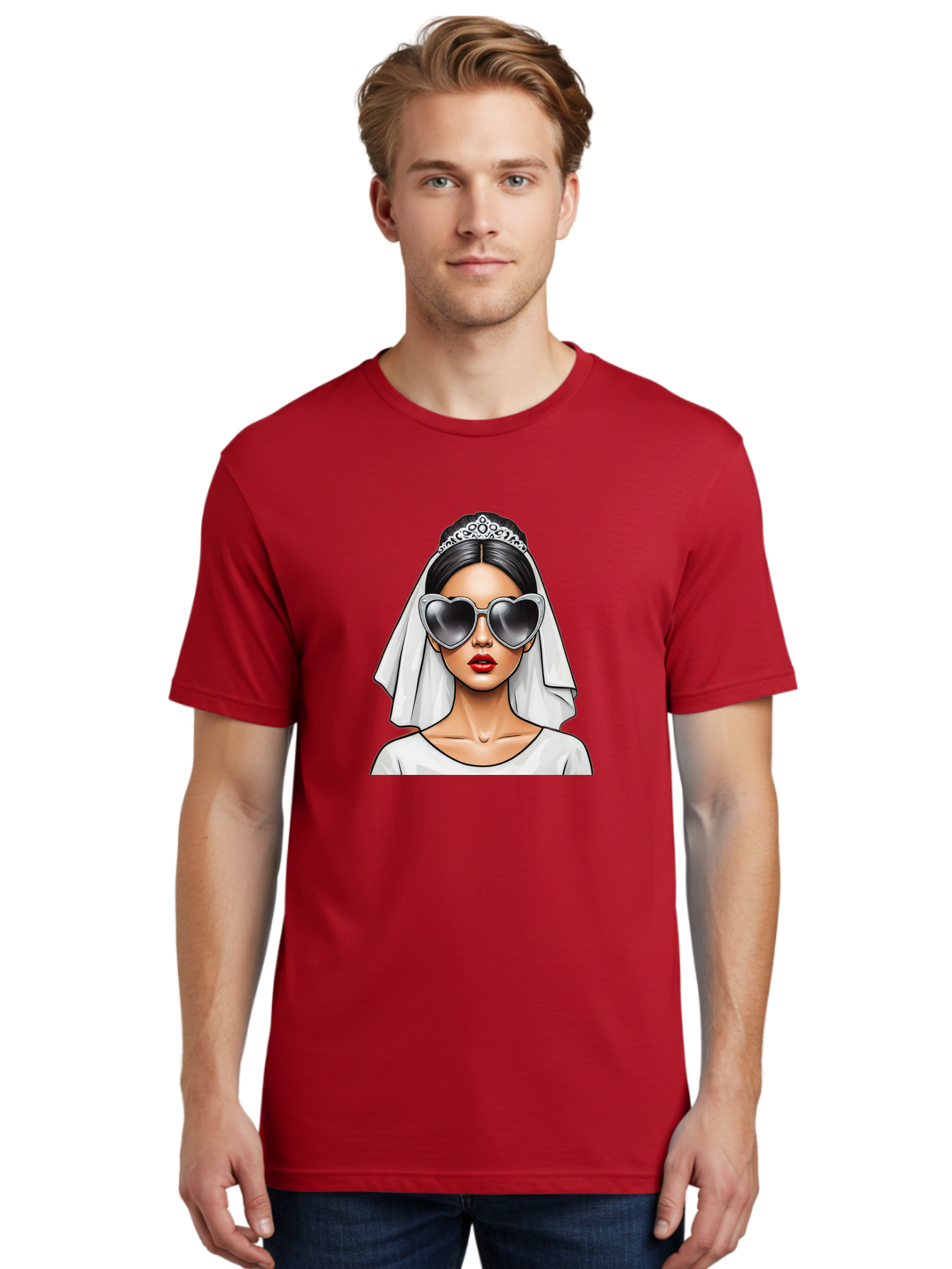 Bride-1 Men'S Graphic Tee, 100% Cotton, Comfortable Casual Summer Wear, Machine Washable, Bride Wearing Sunglasses, Heart-Shaped Shades, White Veil, Red Lips, Elegant Style, Fashionable Bride, Modern Wedding Attire, Trendy Accessories Baa218