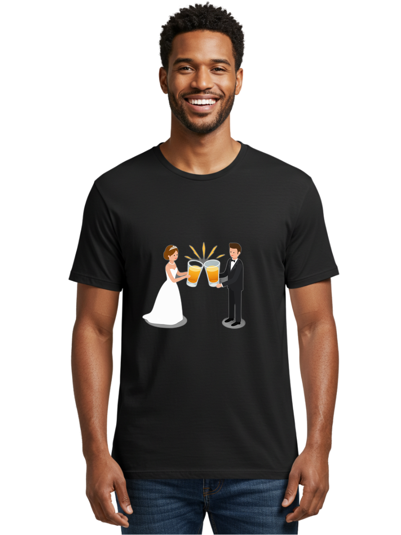 Bride-And-Groom-Cheers-1 Men'S Graphic Tee, 100% Cotton, Comfortable Casual Summer Wear, Machine Washable, Bride And Groom Toasting, Wedding Celebration, Beer Cheers, Love And Happiness, Newlyweds, Couple Goals, Marriage Bliss, Toast To Love, Baa219