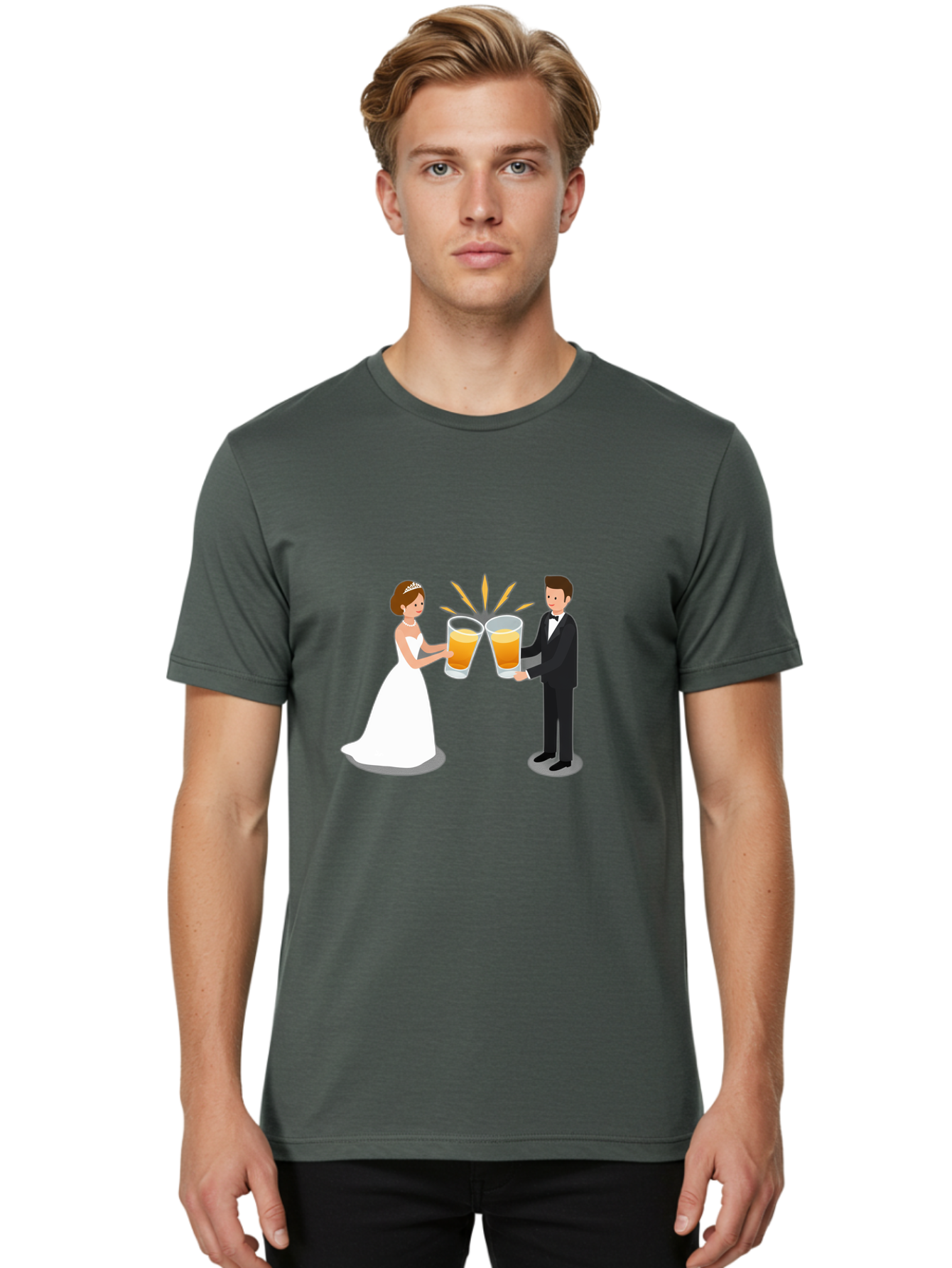 Bride-And-Groom-Cheers-1 Men'S Graphic Tee, 100% Cotton, Comfortable Casual Summer Wear, Machine Washable, Bride And Groom Toasting, Wedding Celebration, Beer Cheers, Love And Happiness, Newlyweds, Couple Goals, Marriage Bliss, Toast To Love, Baa219