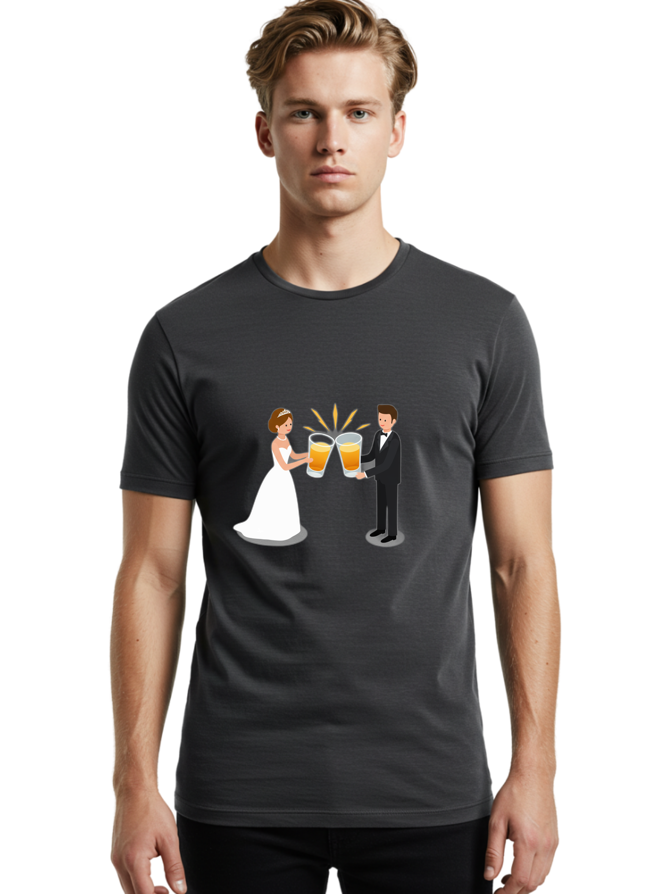 Bride-And-Groom-Cheers-1 Men'S Graphic Tee, 100% Cotton, Comfortable Casual Summer Wear, Machine Washable, Bride And Groom Toasting, Wedding Celebration, Beer Cheers, Love And Happiness, Newlyweds, Couple Goals, Marriage Bliss, Toast To Love, Baa219