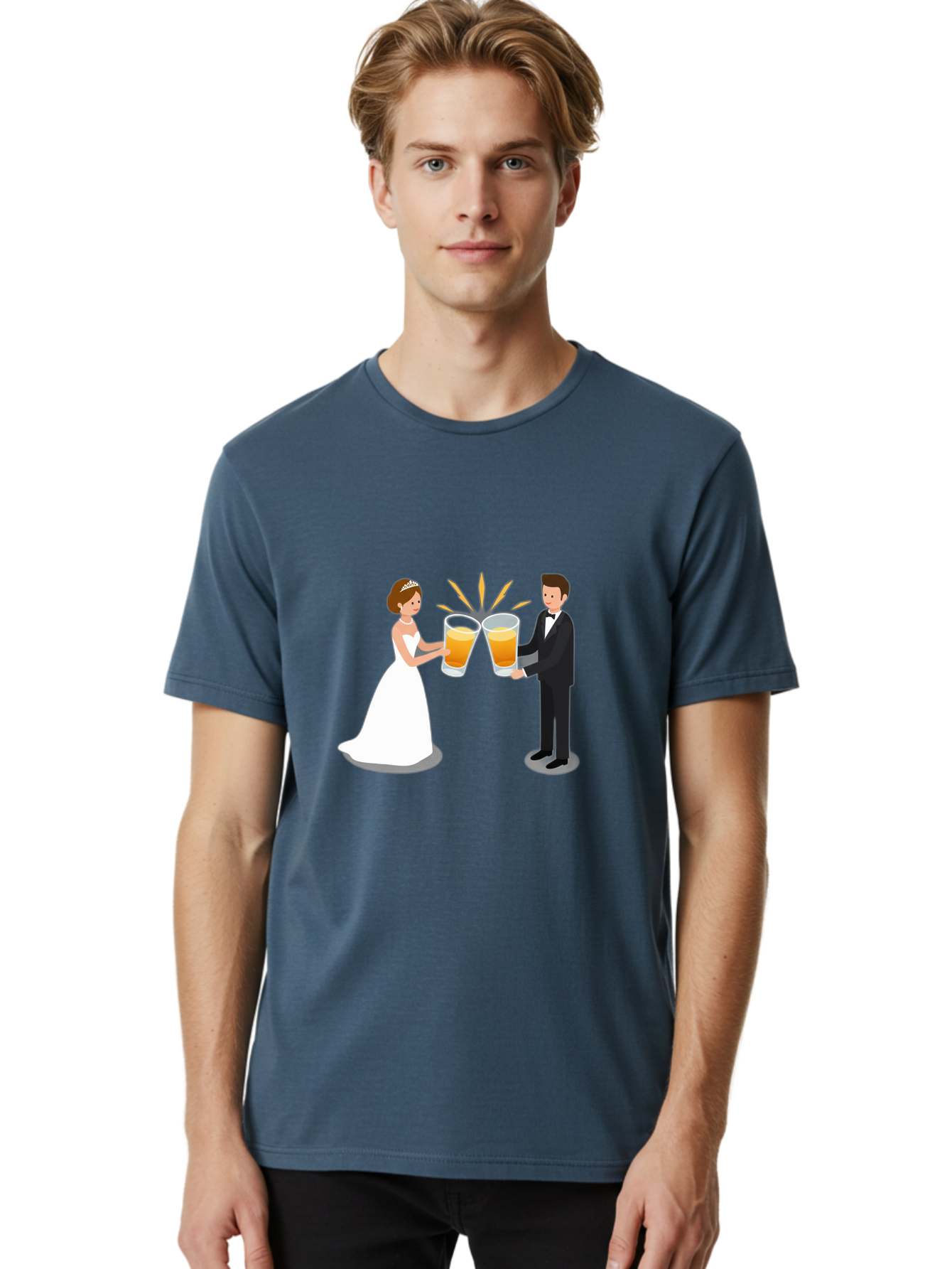 Bride-And-Groom-Cheers-1 Men'S Graphic Tee, 100% Cotton, Comfortable Casual Summer Wear, Machine Washable, Bride And Groom Toasting, Wedding Celebration, Beer Cheers, Love And Happiness, Newlyweds, Couple Goals, Marriage Bliss, Toast To Love, Baa219