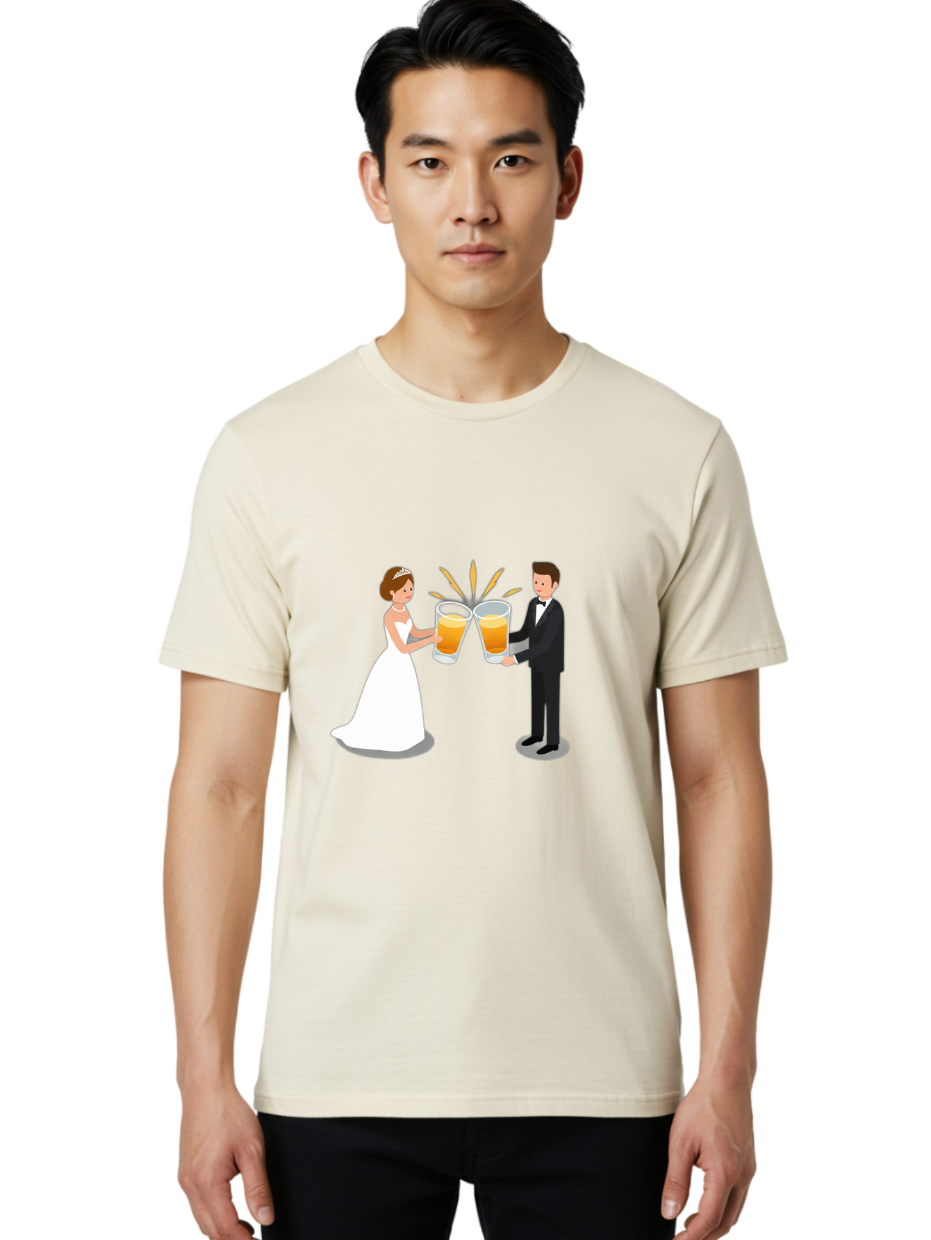 Bride-And-Groom-Cheers-1 Men'S Graphic Tee, 100% Cotton, Comfortable Casual Summer Wear, Machine Washable, Bride And Groom Toasting, Wedding Celebration, Beer Cheers, Love And Happiness, Newlyweds, Couple Goals, Marriage Bliss, Toast To Love, Baa219