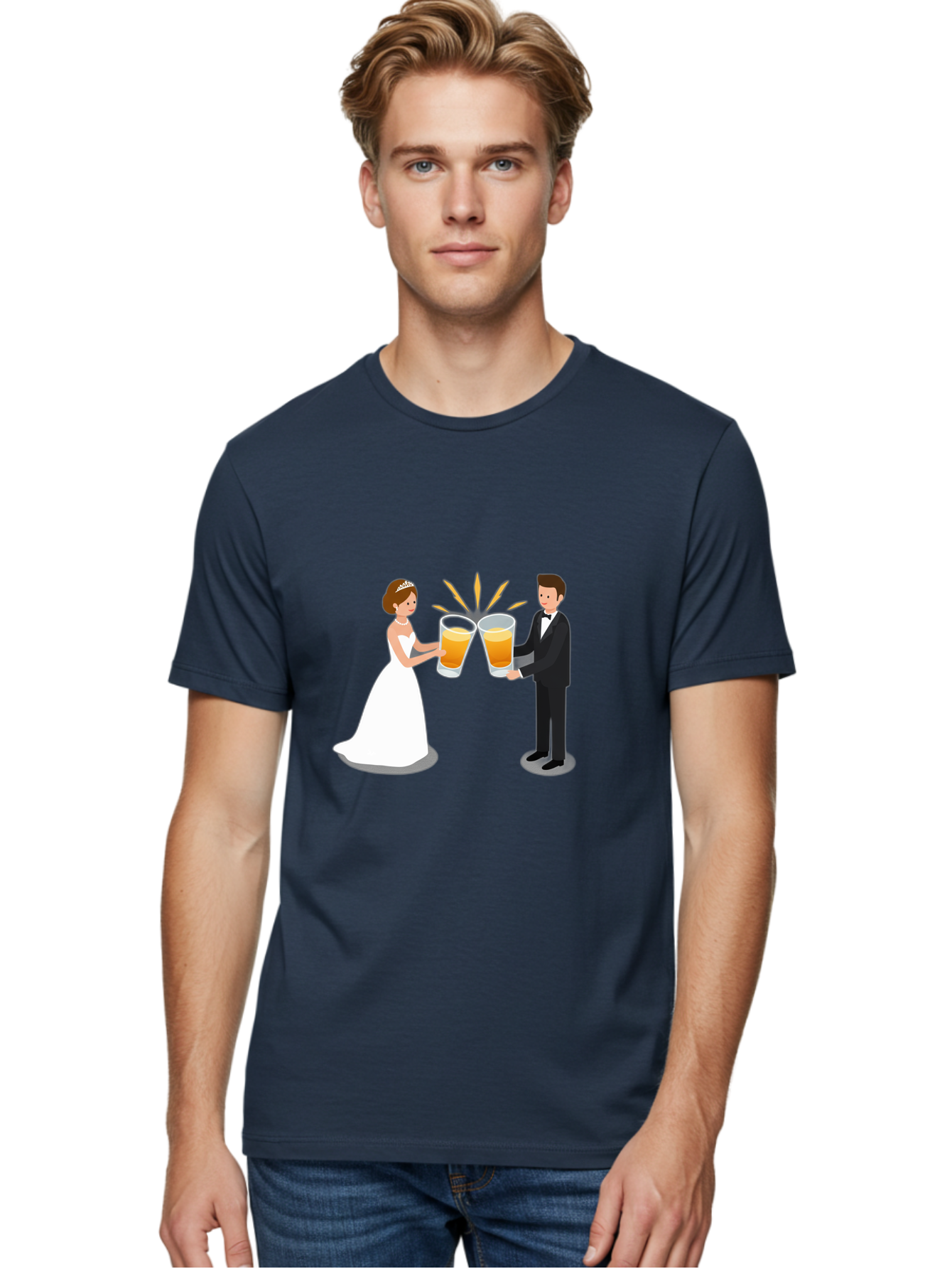 Bride-And-Groom-Cheers-1 Men'S Graphic Tee, 100% Cotton, Comfortable Casual Summer Wear, Machine Washable, Bride And Groom Toasting, Wedding Celebration, Beer Cheers, Love And Happiness, Newlyweds, Couple Goals, Marriage Bliss, Toast To Love, Baa219