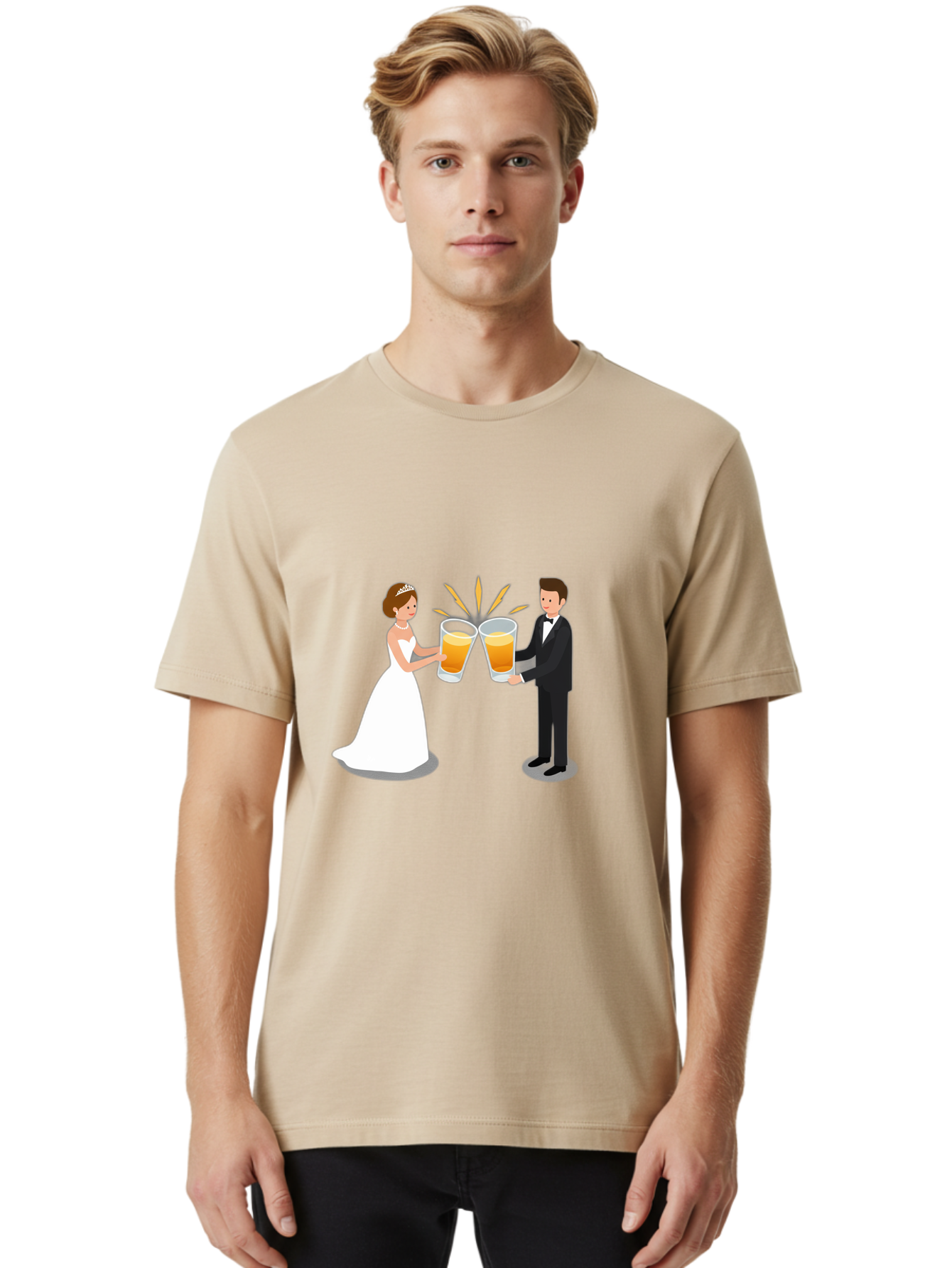 Bride-And-Groom-Cheers-1 Men'S Graphic Tee, 100% Cotton, Comfortable Casual Summer Wear, Machine Washable, Bride And Groom Toasting, Wedding Celebration, Beer Cheers, Love And Happiness, Newlyweds, Couple Goals, Marriage Bliss, Toast To Love, Baa219