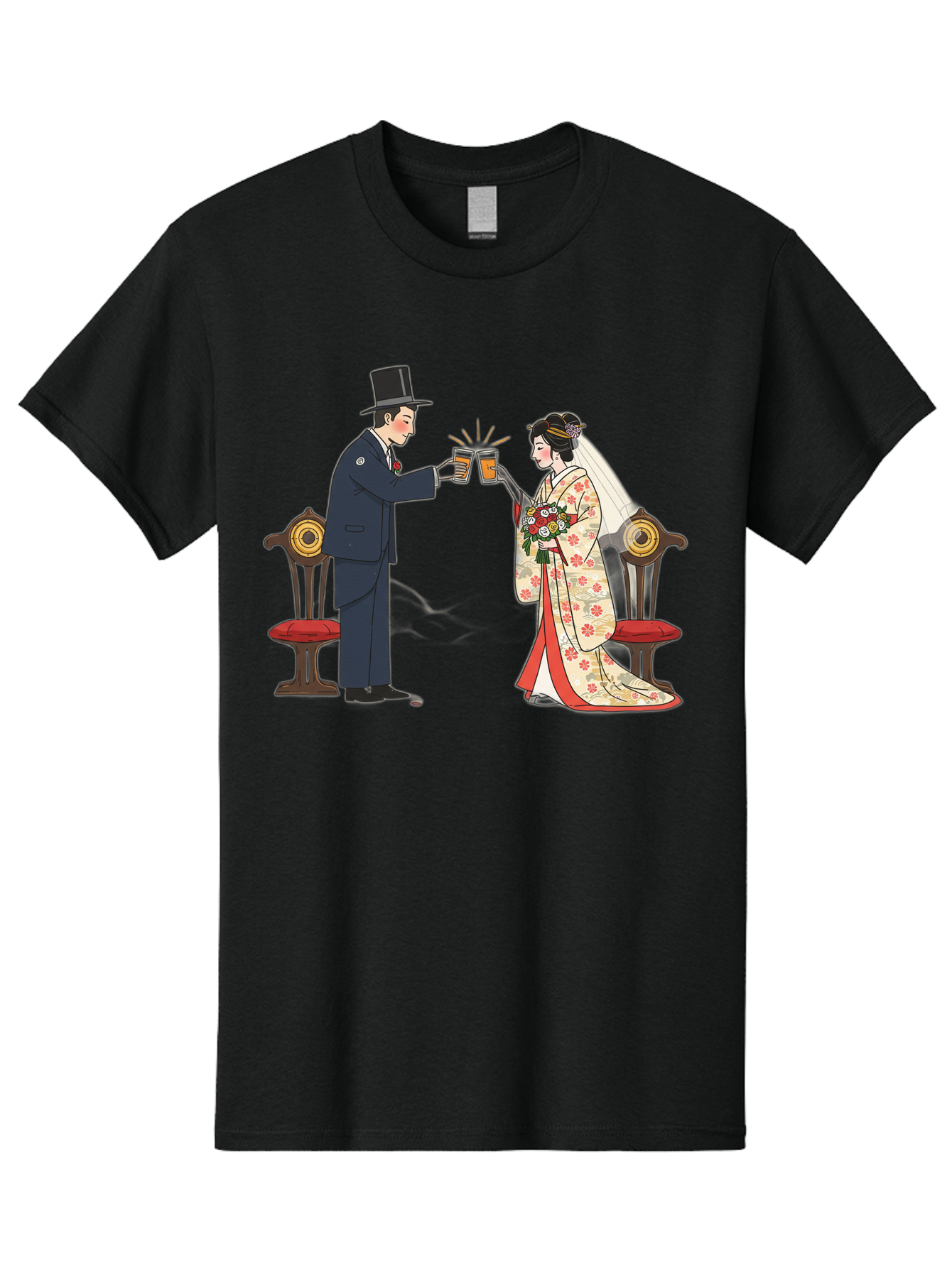Bride-And-Groom-Cheers Men'S Graphic Tee, 100% Cotton, Comfortable Casual Summer Wear, Machine Washable, Bride In Traditional Kimono, Groom In Top Hat And Suit, Toast With Beer Glasses, Wedding Ceremony, Traditional Japanese Wedding, Baa220