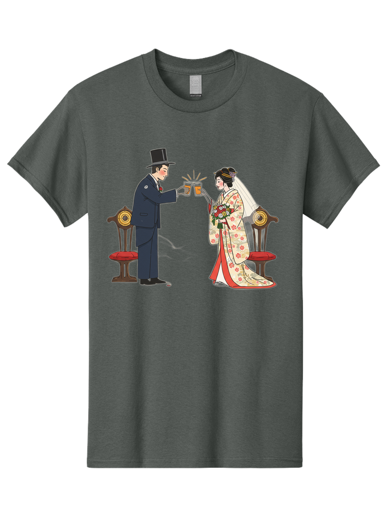 Bride-And-Groom-Cheers Men'S Graphic Tee, 100% Cotton, Comfortable Casual Summer Wear, Machine Washable, Bride In Traditional Kimono, Groom In Top Hat And Suit, Toast With Beer Glasses, Wedding Ceremony, Traditional Japanese Wedding, Baa220