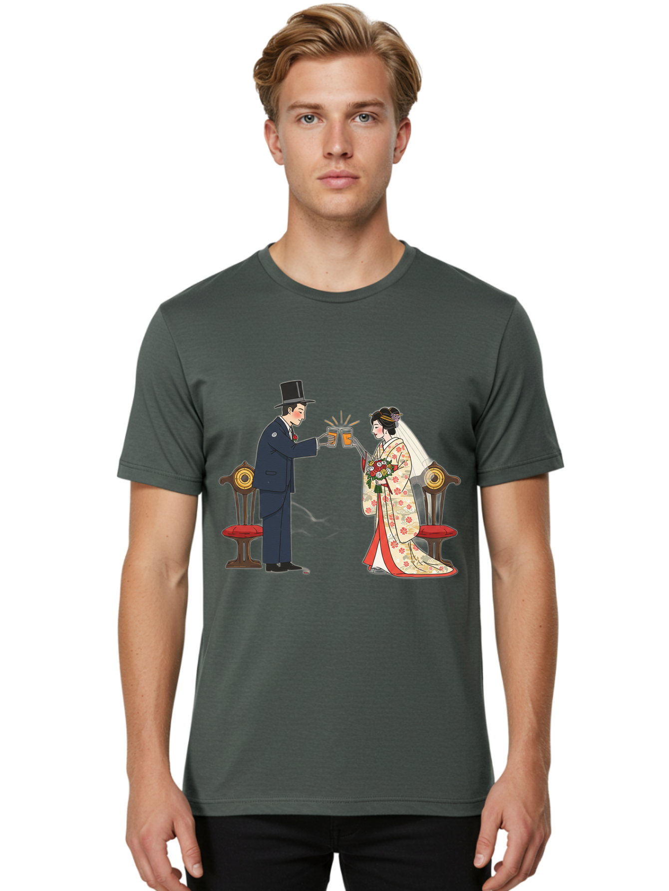 Bride-And-Groom-Cheers Men'S Graphic Tee, 100% Cotton, Comfortable Casual Summer Wear, Machine Washable, Bride In Traditional Kimono, Groom In Top Hat And Suit, Toast With Beer Glasses, Wedding Ceremony, Traditional Japanese Wedding, Baa220