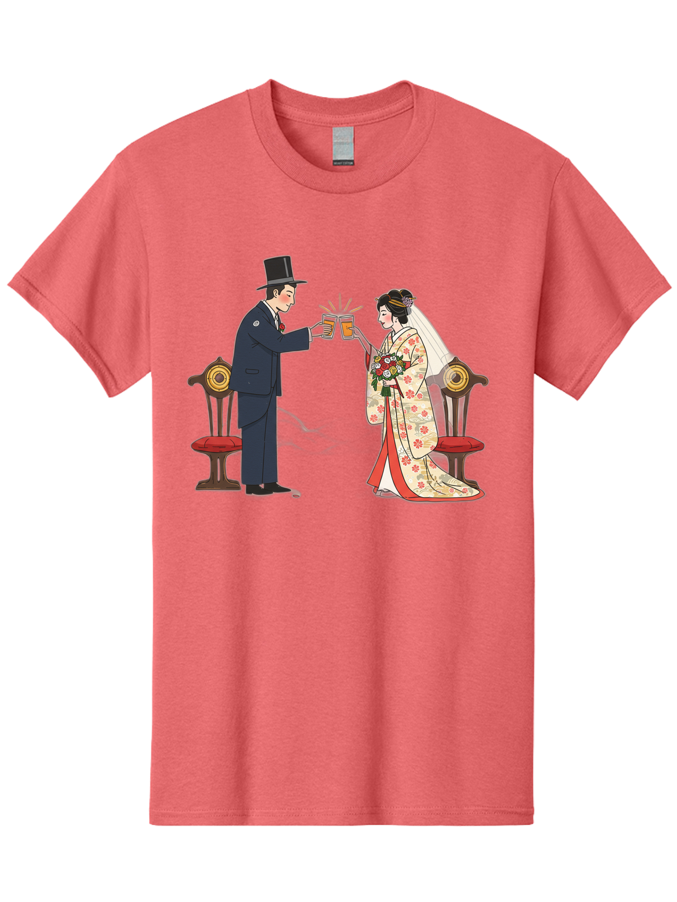 Bride-And-Groom-Cheers Men'S Graphic Tee, 100% Cotton, Comfortable Casual Summer Wear, Machine Washable, Bride In Traditional Kimono, Groom In Top Hat And Suit, Toast With Beer Glasses, Wedding Ceremony, Traditional Japanese Wedding, Baa220
