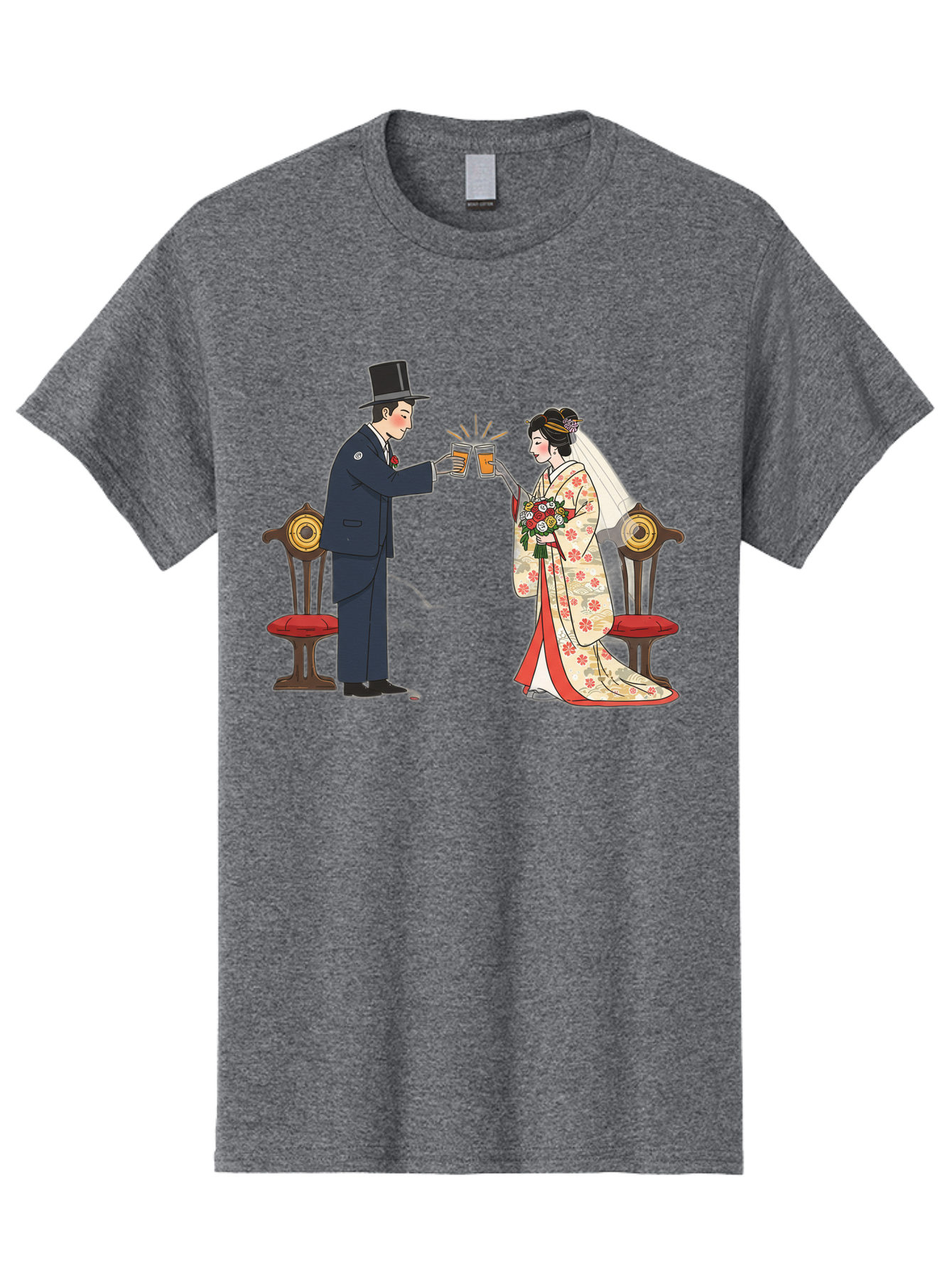Bride-And-Groom-Cheers Men'S Graphic Tee, 100% Cotton, Comfortable Casual Summer Wear, Machine Washable, Bride In Traditional Kimono, Groom In Top Hat And Suit, Toast With Beer Glasses, Wedding Ceremony, Traditional Japanese Wedding, Baa220