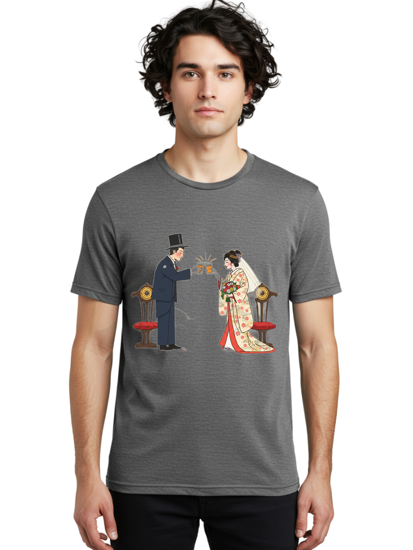 Bride-And-Groom-Cheers Men'S Graphic Tee, 100% Cotton, Comfortable Casual Summer Wear, Machine Washable, Bride In Traditional Kimono, Groom In Top Hat And Suit, Toast With Beer Glasses, Wedding Ceremony, Traditional Japanese Wedding, Baa220