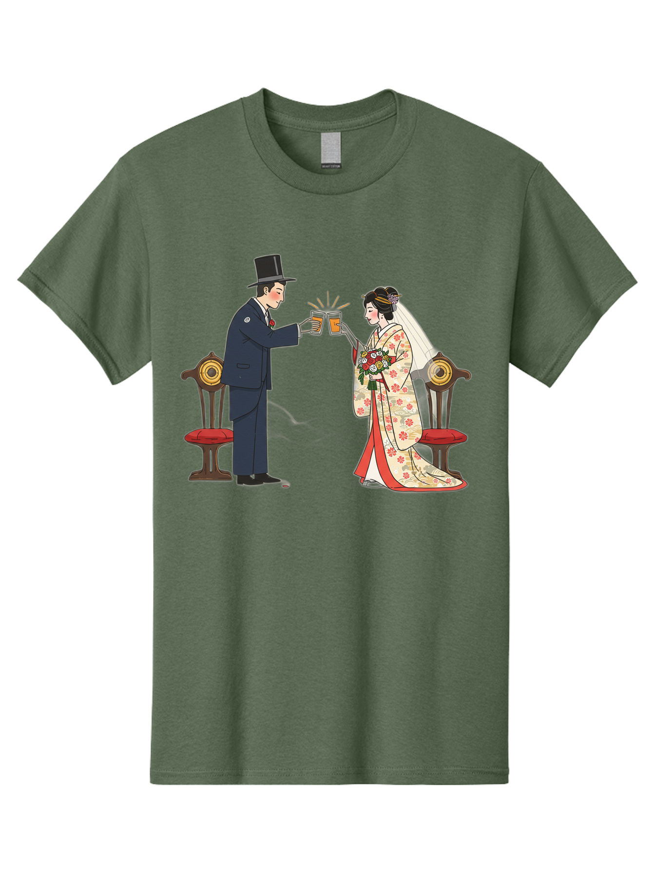 Bride-And-Groom-Cheers Men'S Graphic Tee, 100% Cotton, Comfortable Casual Summer Wear, Machine Washable, Bride In Traditional Kimono, Groom In Top Hat And Suit, Toast With Beer Glasses, Wedding Ceremony, Traditional Japanese Wedding, Baa220