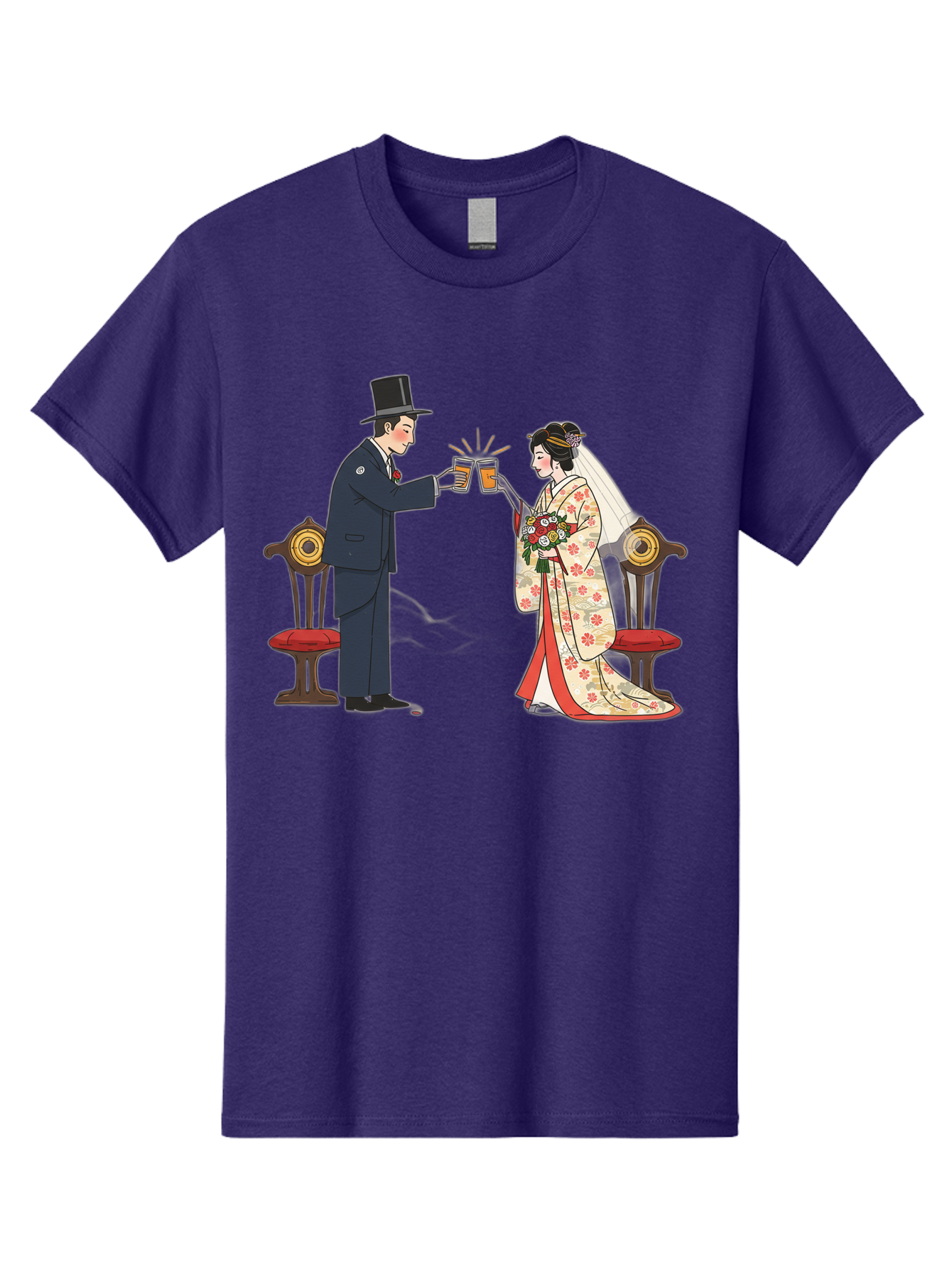 Bride-And-Groom-Cheers Men'S Graphic Tee, 100% Cotton, Comfortable Casual Summer Wear, Machine Washable, Bride In Traditional Kimono, Groom In Top Hat And Suit, Toast With Beer Glasses, Wedding Ceremony, Traditional Japanese Wedding, Baa220