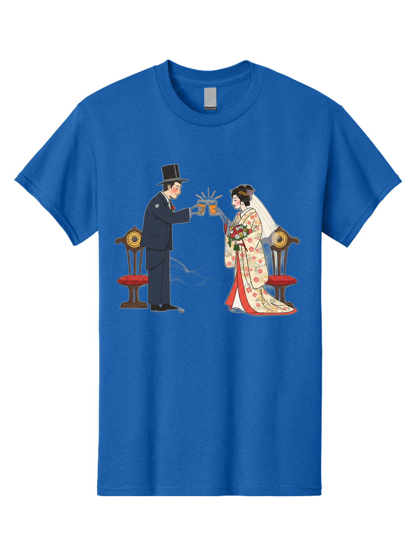 Bride-And-Groom-Cheers Men'S Graphic Tee, 100% Cotton, Comfortable Casual Summer Wear, Machine Washable, Bride In Traditional Kimono, Groom In Top Hat And Suit, Toast With Beer Glasses, Wedding Ceremony, Traditional Japanese Wedding, Baa220
