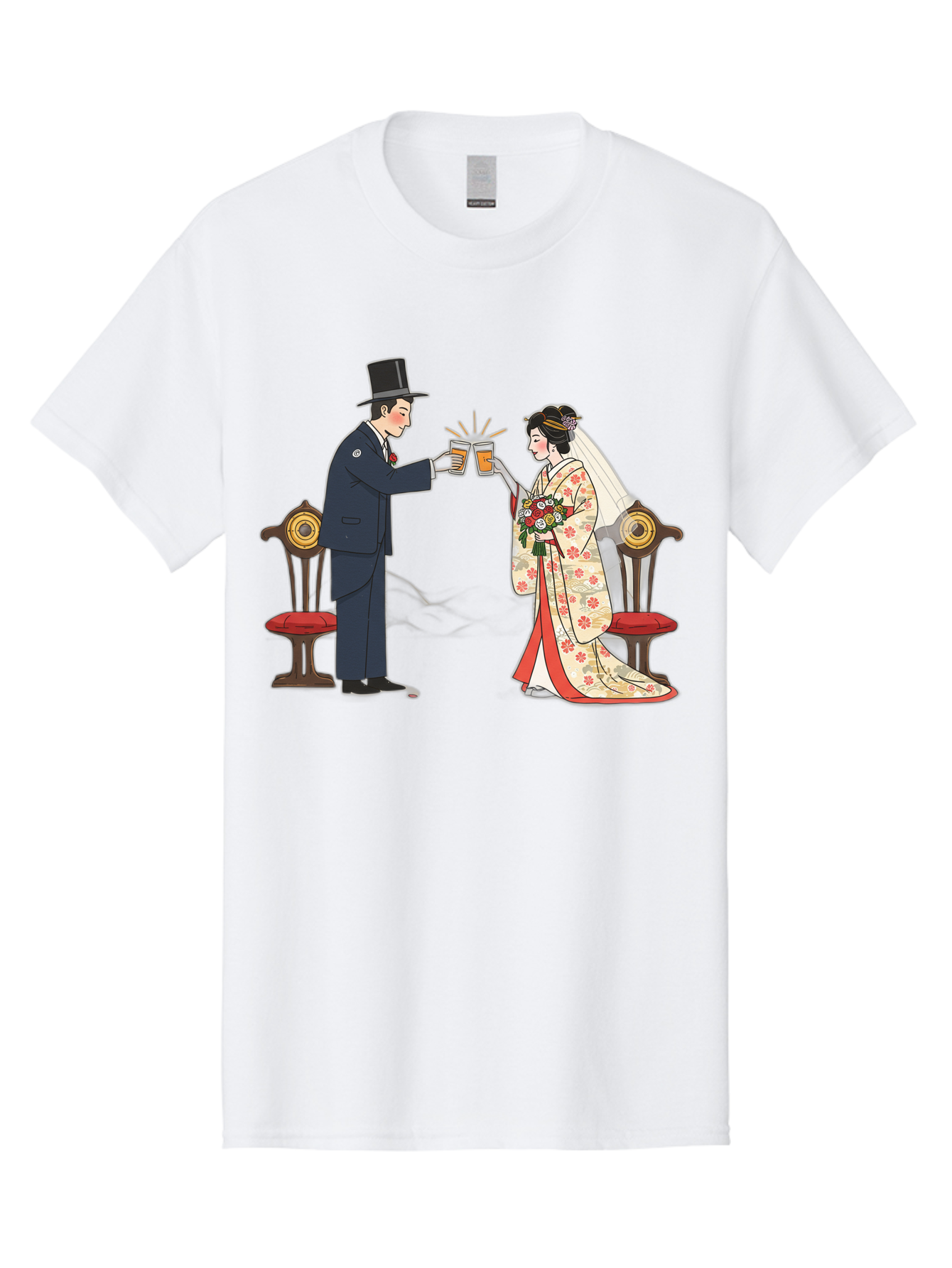 Bride-And-Groom-Cheers Men'S Graphic Tee, 100% Cotton, Comfortable Casual Summer Wear, Machine Washable, Bride In Traditional Kimono, Groom In Top Hat And Suit, Toast With Beer Glasses, Wedding Ceremony, Traditional Japanese Wedding, Baa220
