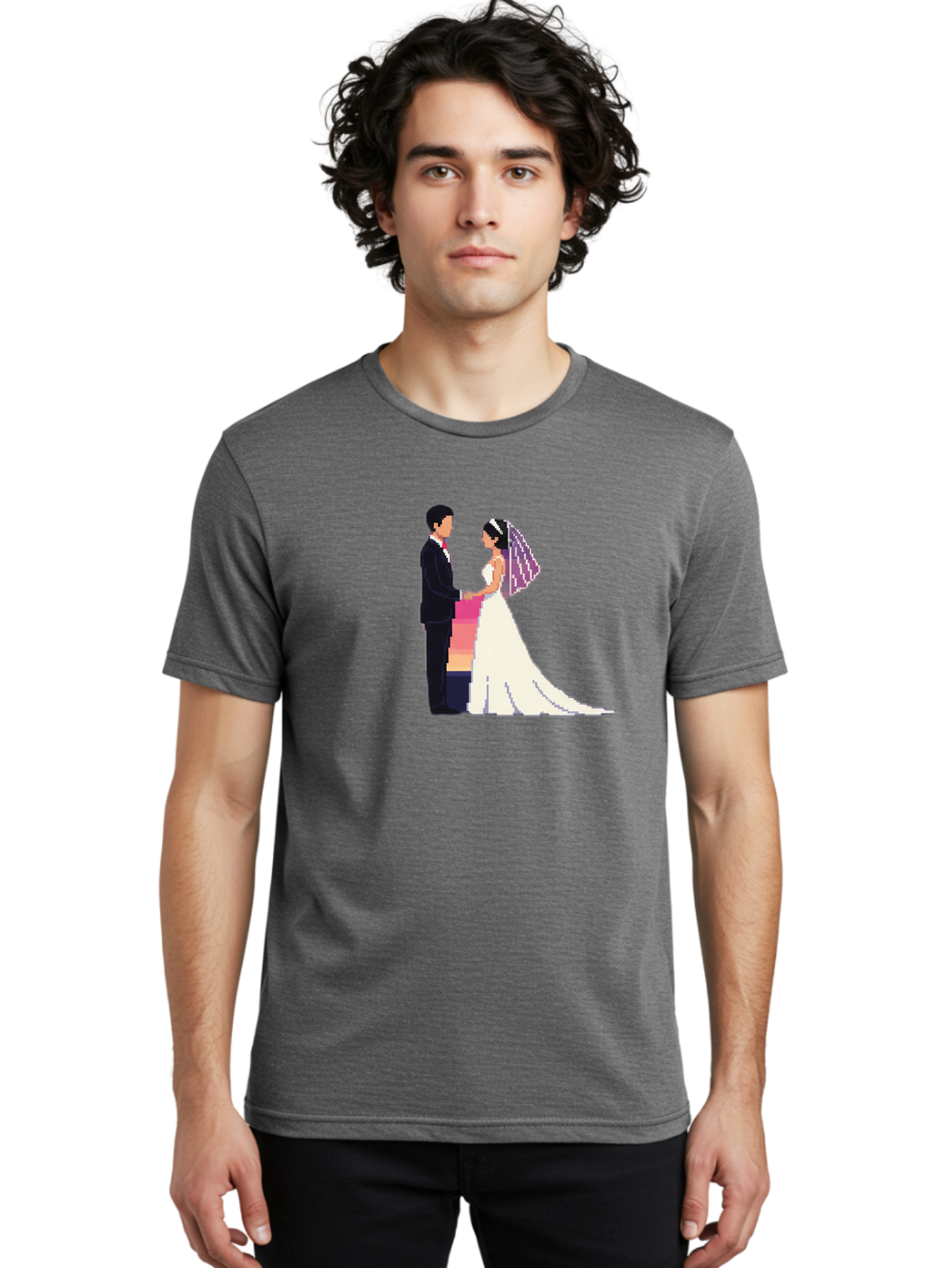 Bride-And-Groom Men'S Graphic Tee, 100% Cotton, Comfortable Casual Summer Wear, Machine Washable, Bride And Groom, Wedding Couple, Love, Romance, Happy Marriage, Newlyweds, Wedding Illustration, Cartoon Couple, Holding Hands, Wedding Dress, Baa221