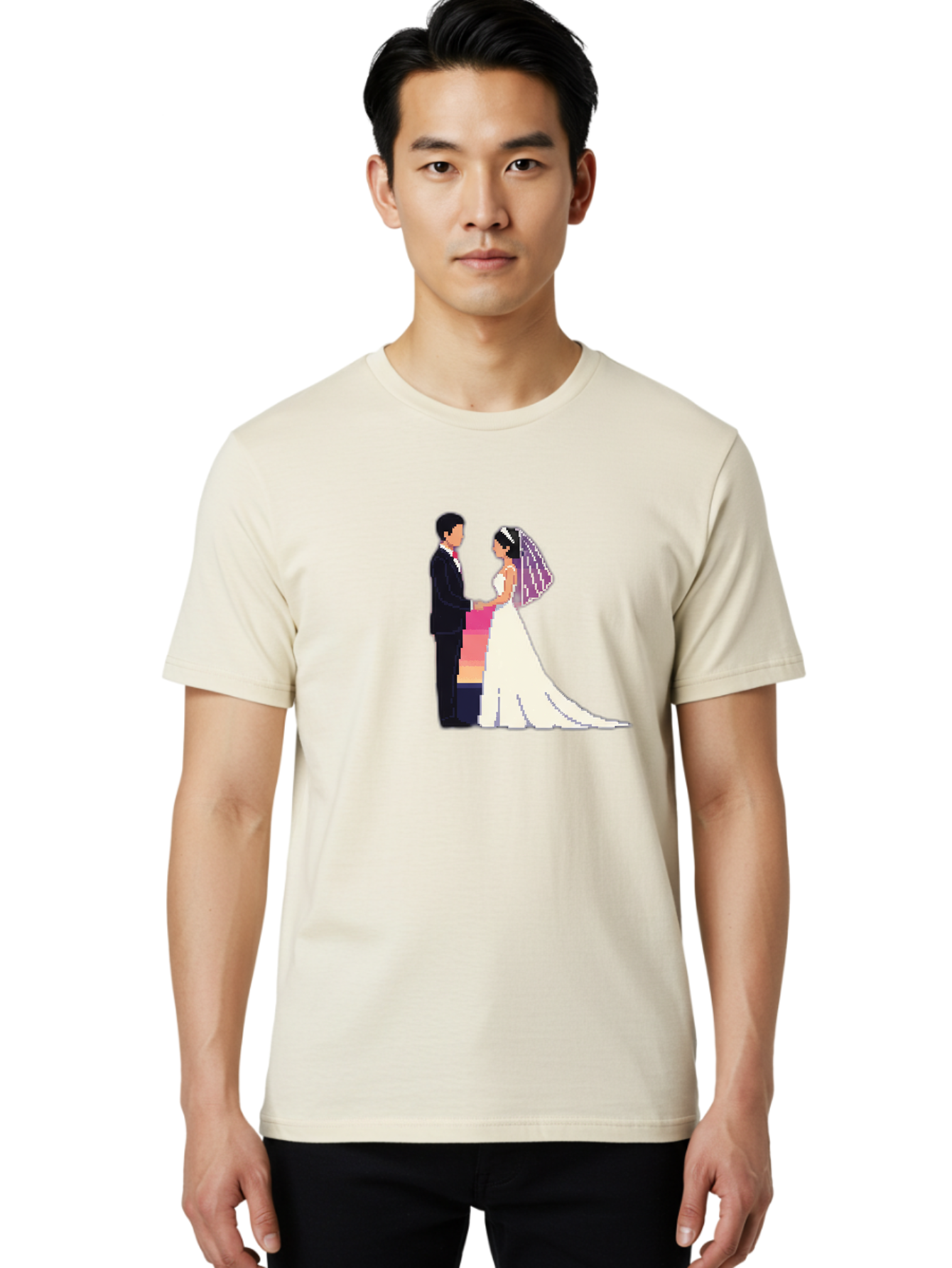 Bride-And-Groom Men'S Graphic Tee, 100% Cotton, Comfortable Casual Summer Wear, Machine Washable, Bride And Groom, Wedding Couple, Love, Romance, Happy Marriage, Newlyweds, Wedding Illustration, Cartoon Couple, Holding Hands, Wedding Dress, Baa221