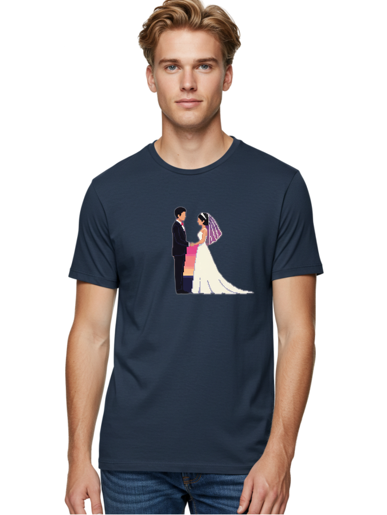 Bride-And-Groom Men'S Graphic Tee, 100% Cotton, Comfortable Casual Summer Wear, Machine Washable, Bride And Groom, Wedding Couple, Love, Romance, Happy Marriage, Newlyweds, Wedding Illustration, Cartoon Couple, Holding Hands, Wedding Dress, Baa221