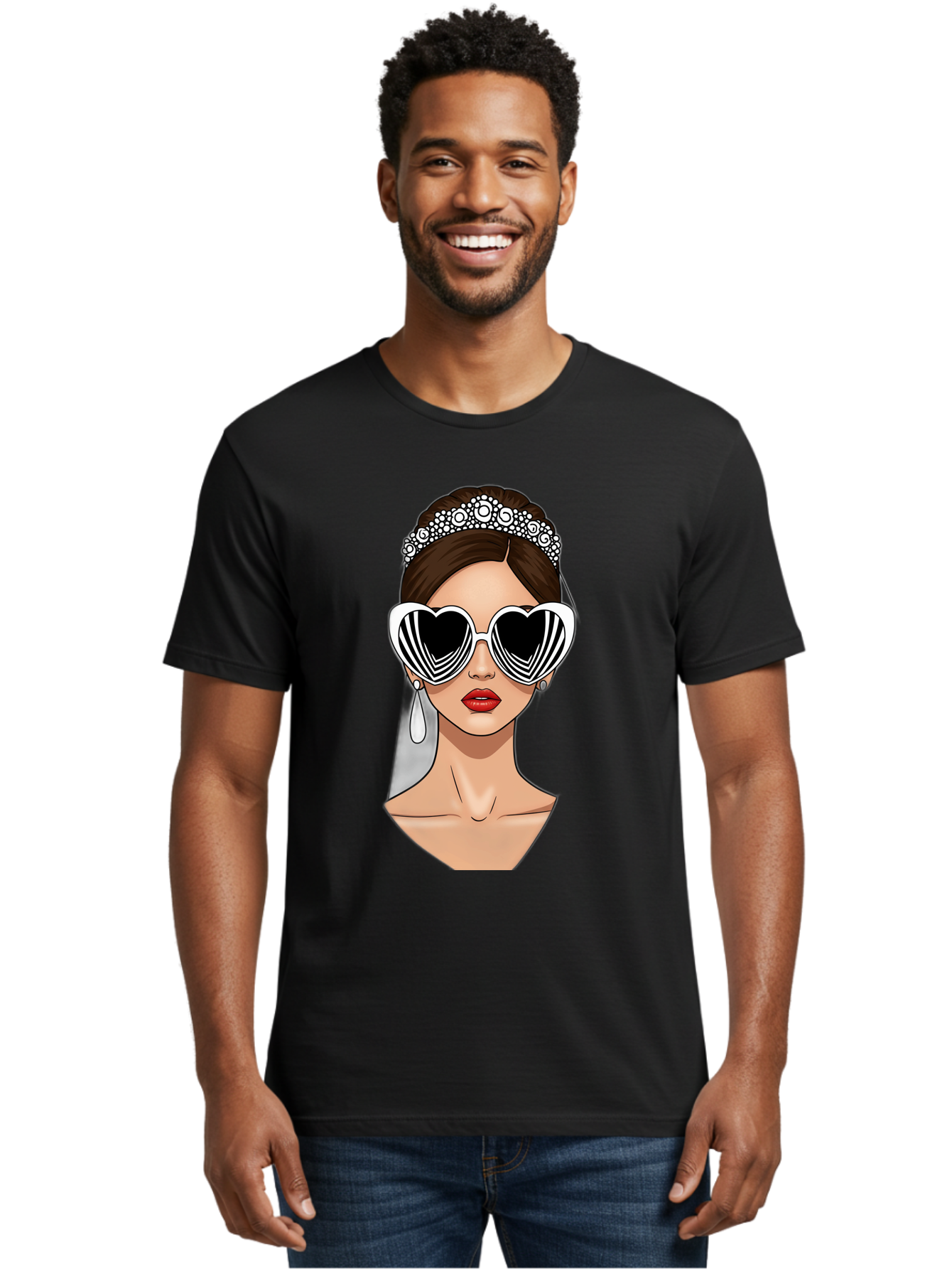 Bride-Fashion-1 Men'S Graphic Tee, 100% Cotton, Comfortable Casual Summer Wear, Machine Washable, Illustration Of Bride, Heart-Shaped Sunglasses, Red Lips, Fashionable Accessories, Wedding Accessories, Wedding Jewelry, Glamorous Style, Baa222