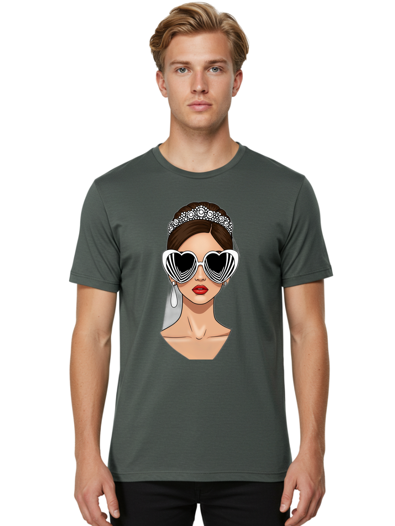 Bride-Fashion-1 Men'S Graphic Tee, 100% Cotton, Comfortable Casual Summer Wear, Machine Washable, Illustration Of Bride, Heart-Shaped Sunglasses, Red Lips, Fashionable Accessories, Wedding Accessories, Wedding Jewelry, Glamorous Style, Baa222