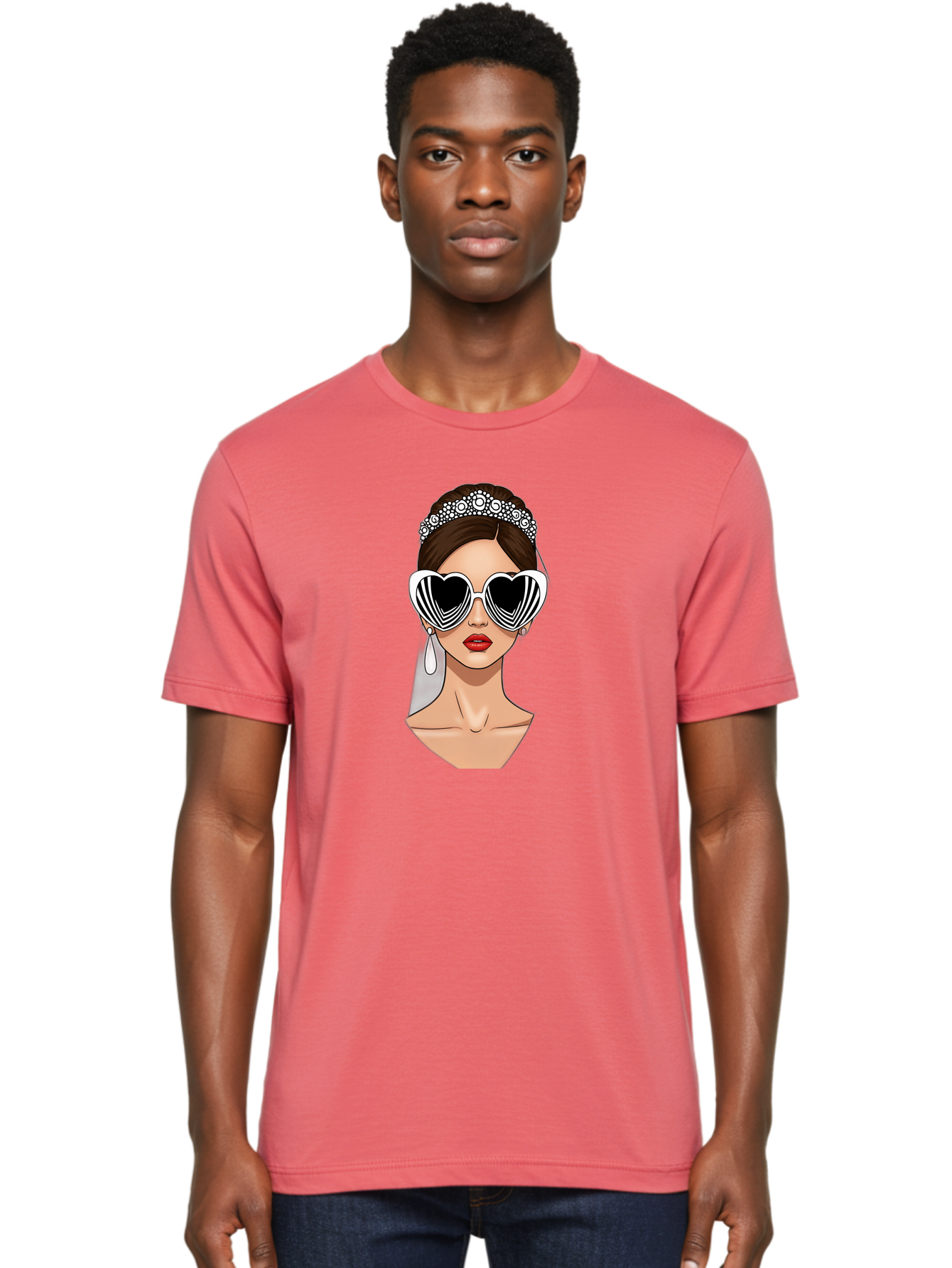 Bride-Fashion-1 Men'S Graphic Tee, 100% Cotton, Comfortable Casual Summer Wear, Machine Washable, Illustration Of Bride, Heart-Shaped Sunglasses, Red Lips, Fashionable Accessories, Wedding Accessories, Wedding Jewelry, Glamorous Style, Baa222