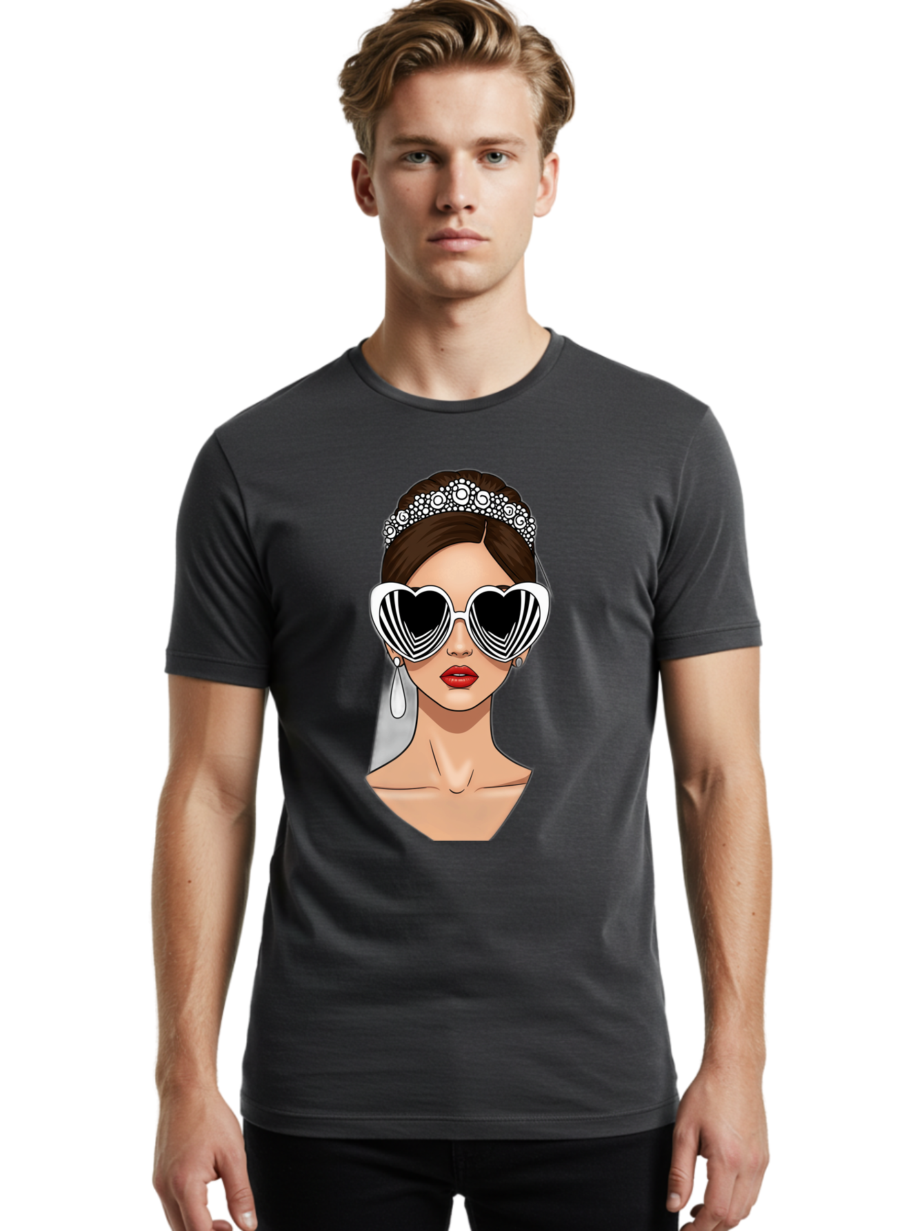 Bride-Fashion-1 Men'S Graphic Tee, 100% Cotton, Comfortable Casual Summer Wear, Machine Washable, Illustration Of Bride, Heart-Shaped Sunglasses, Red Lips, Fashionable Accessories, Wedding Accessories, Wedding Jewelry, Glamorous Style, Baa222